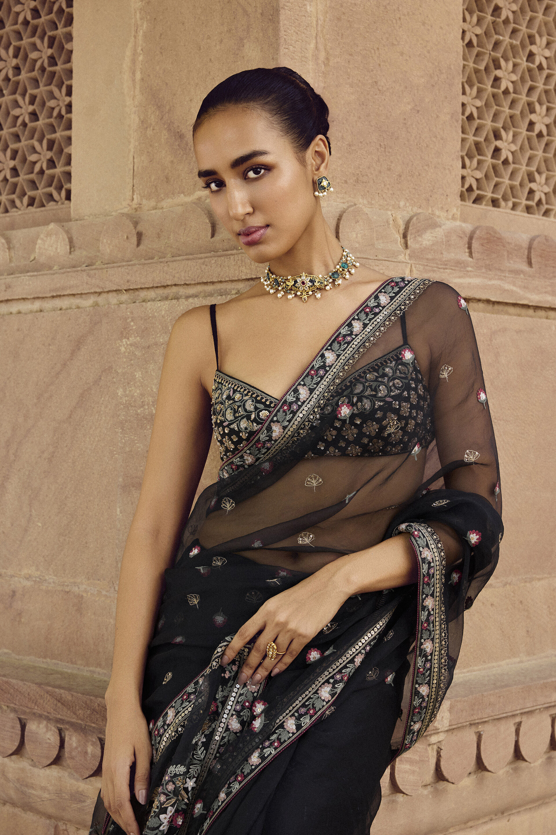 Nalakini Embroidered Silk Saree, Black, image 3