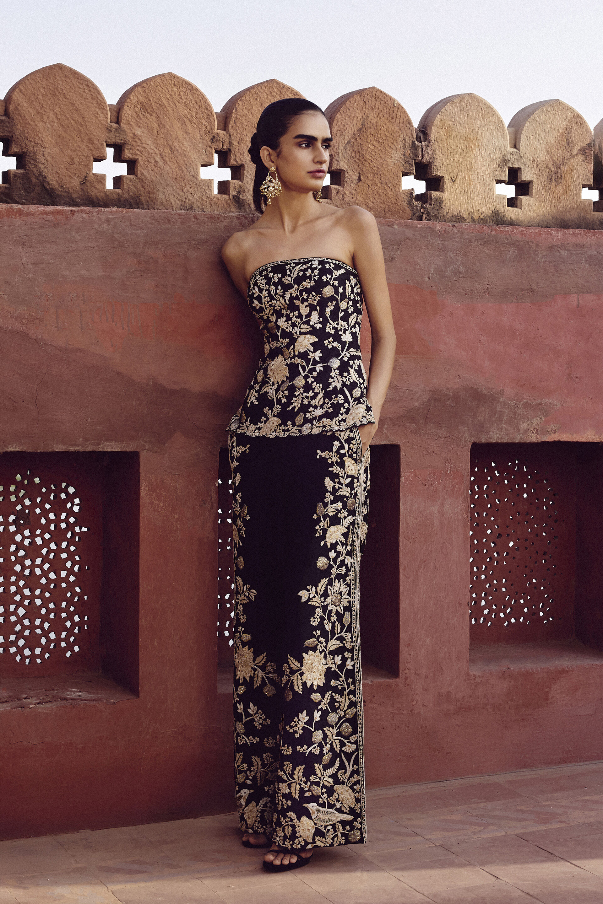 Samara Embroidered Silk Pant Set - Black, Black, image 3