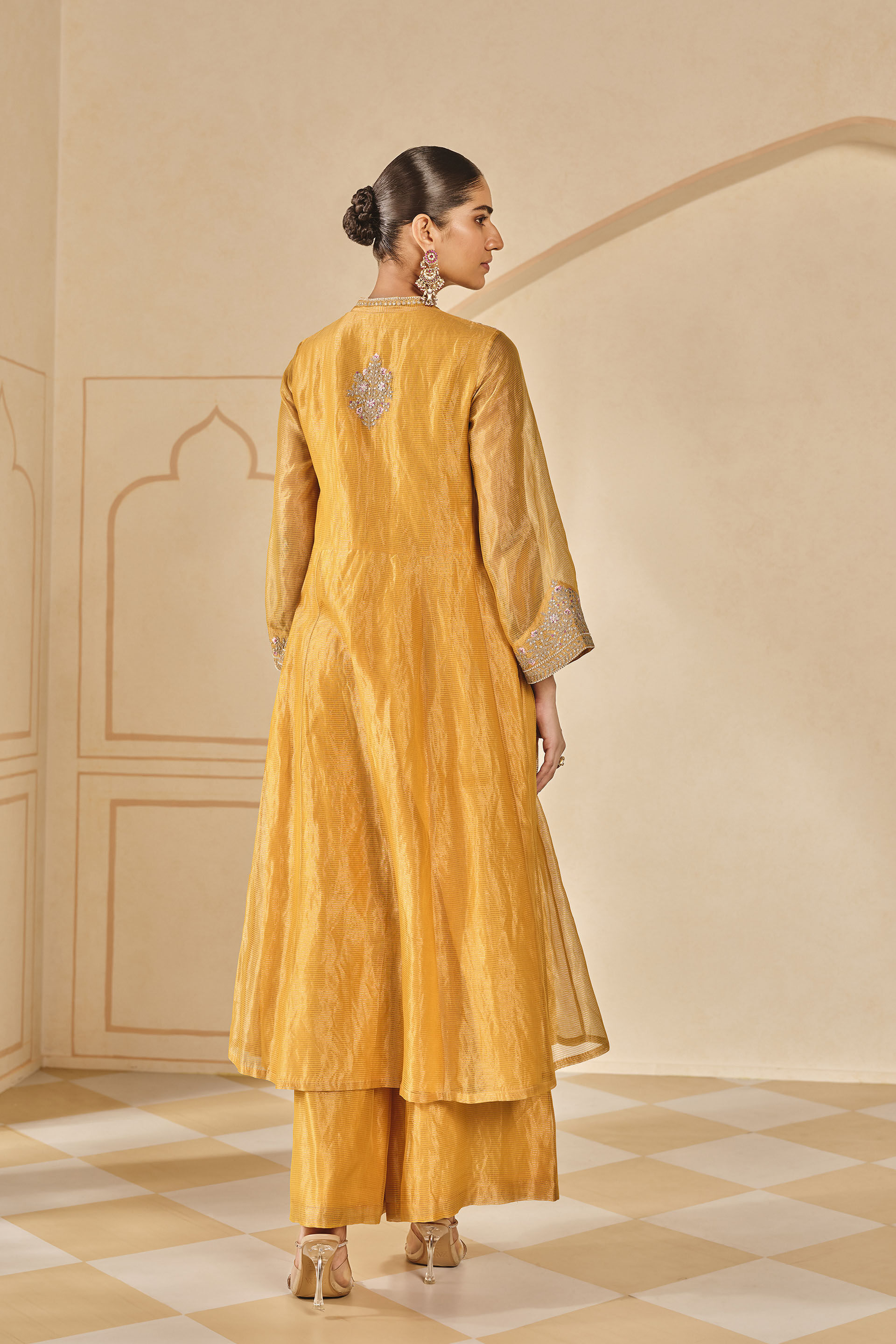 Azha Embroidered Zardozi Silk Jacket Set - Yellow, Yellow, image 3