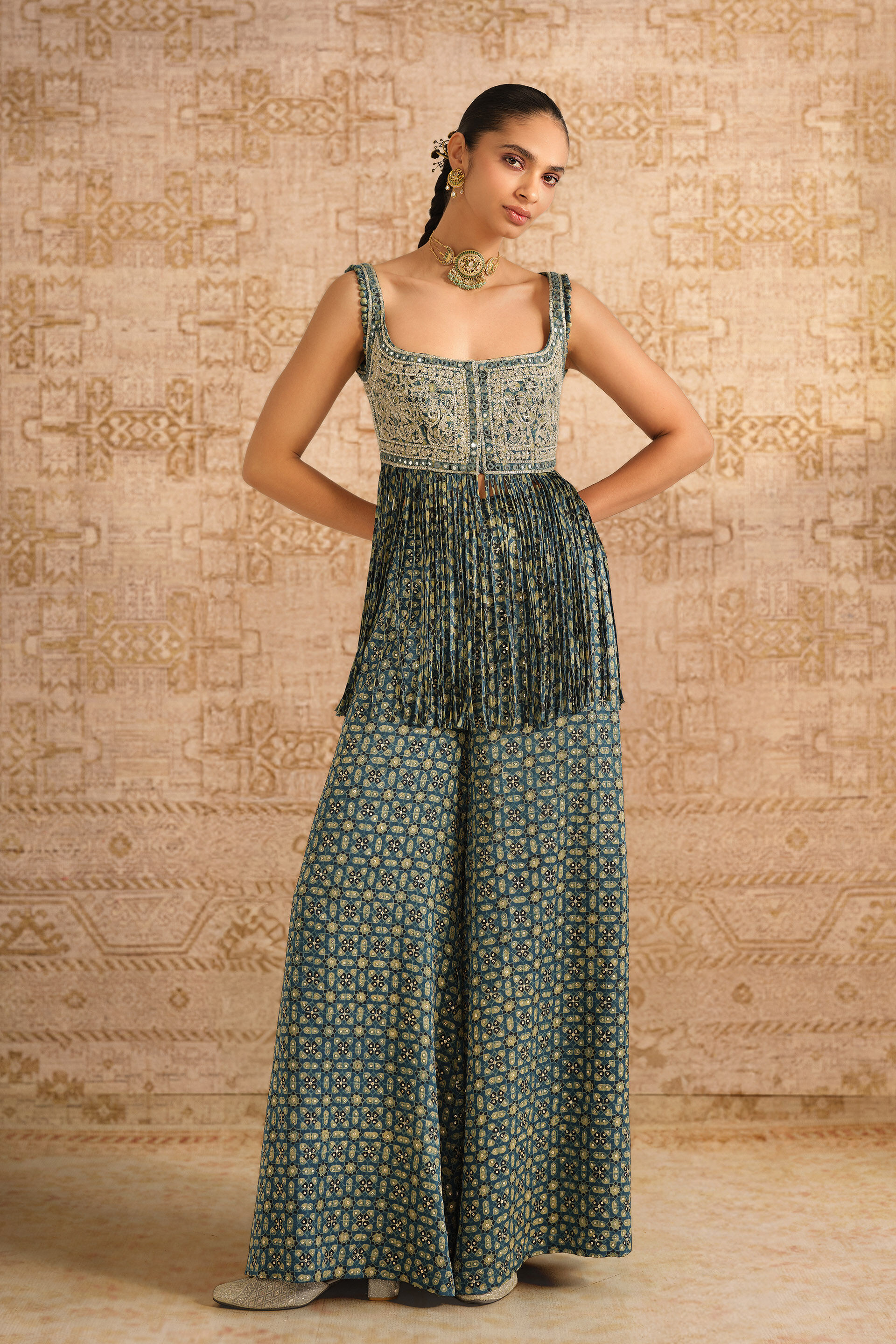 Isana Ajrakh Hand-block Printed Fringe Silk Palazzo Set - Blue