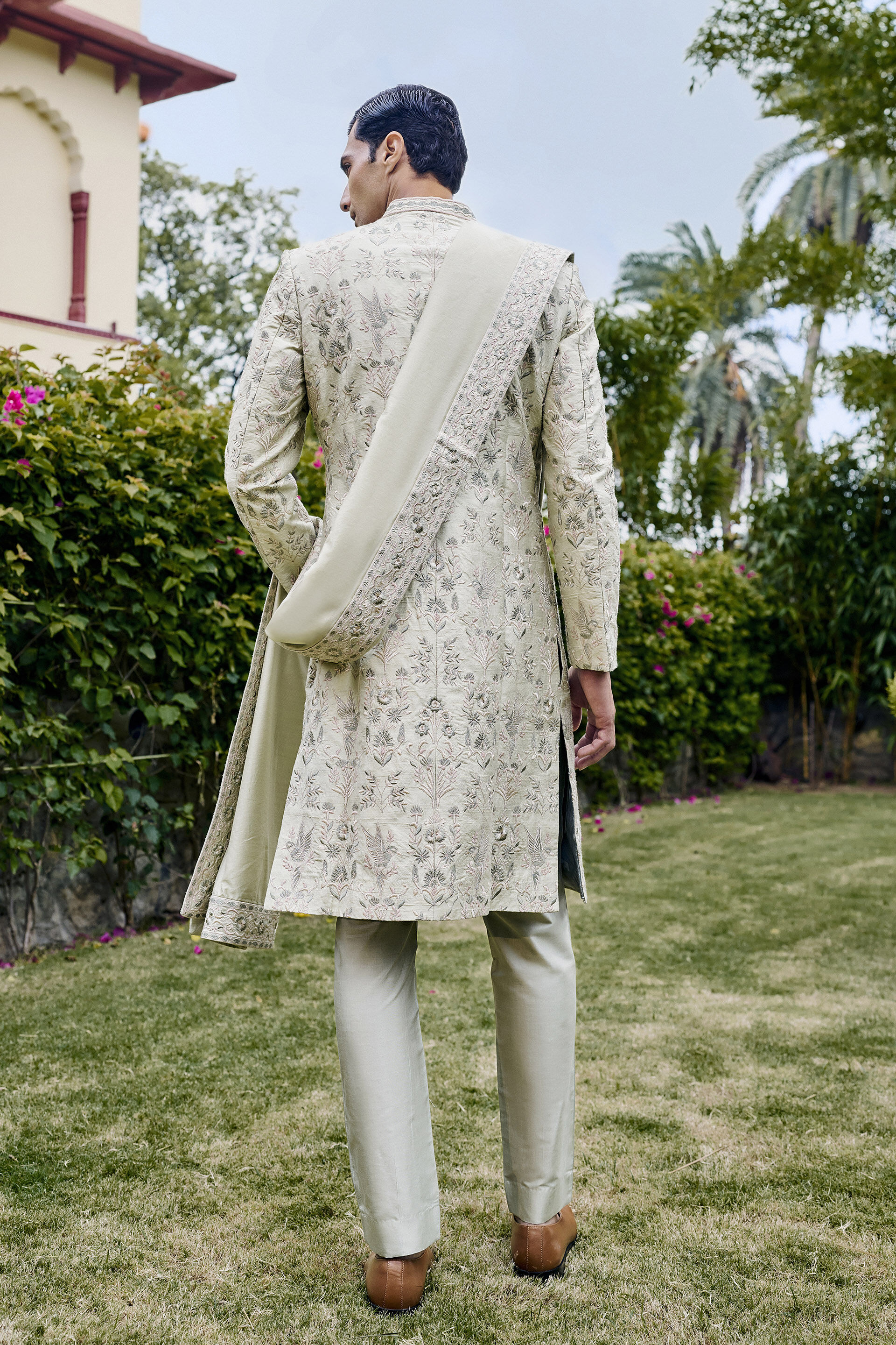 Kshiraj Embroidered Silk Sherwani - Sage
