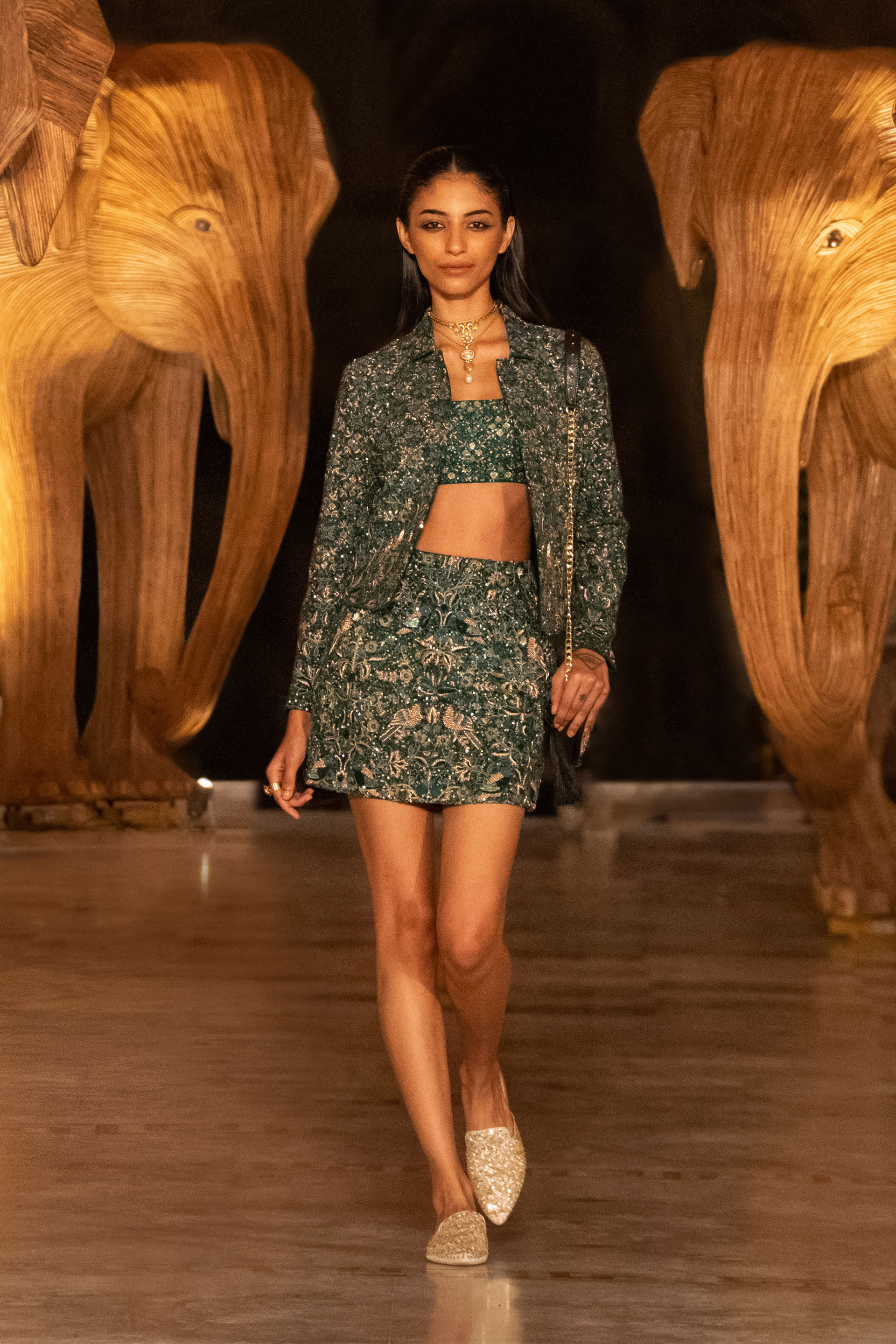 Deep Into The Wild Embroidered Zardozi Silk Skirt Set - Green, Green, image 6