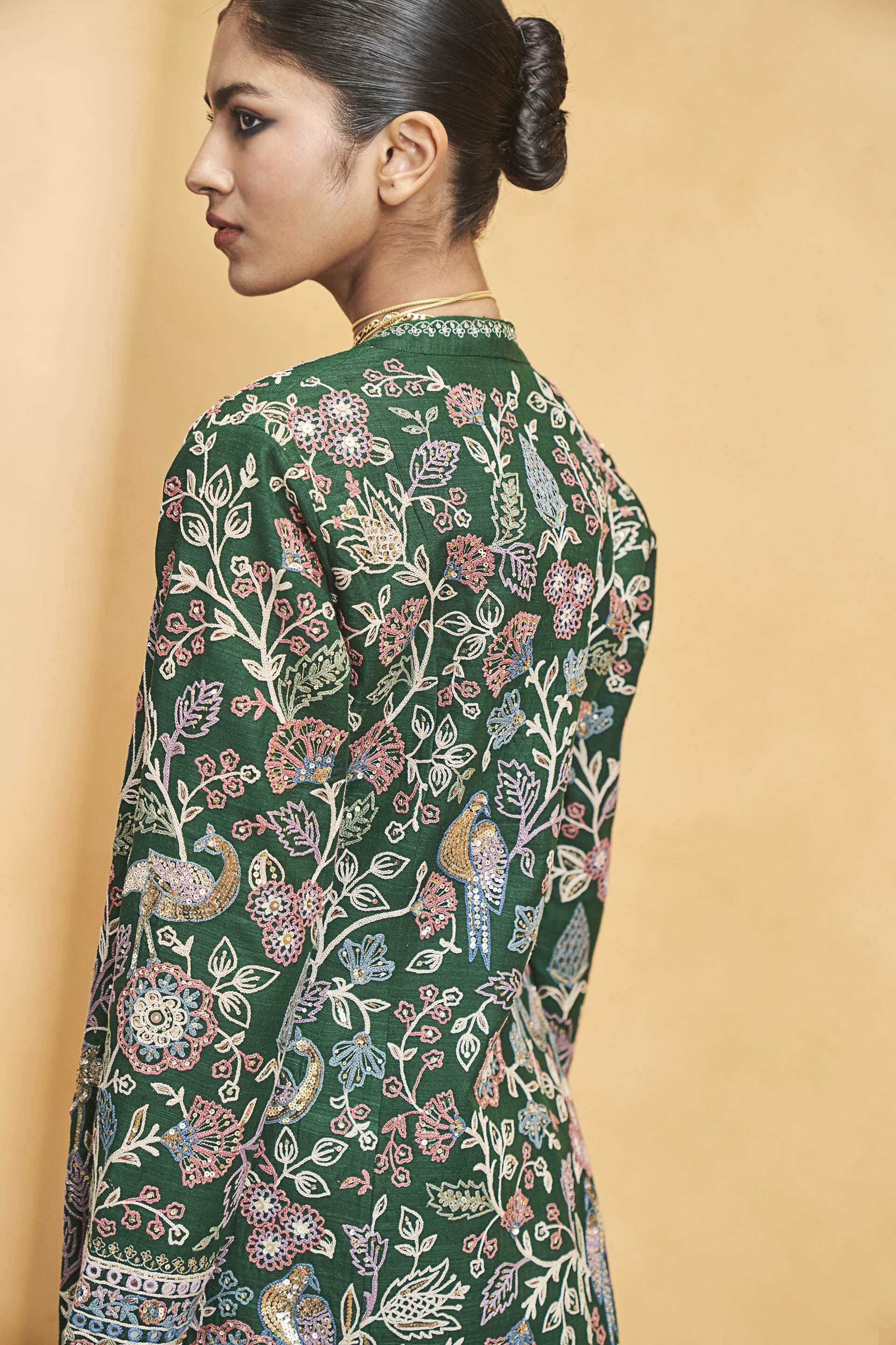 Blooming Wildforest SEWA Hand-embroidered Silk Jacket Set - Green, Green, image 9