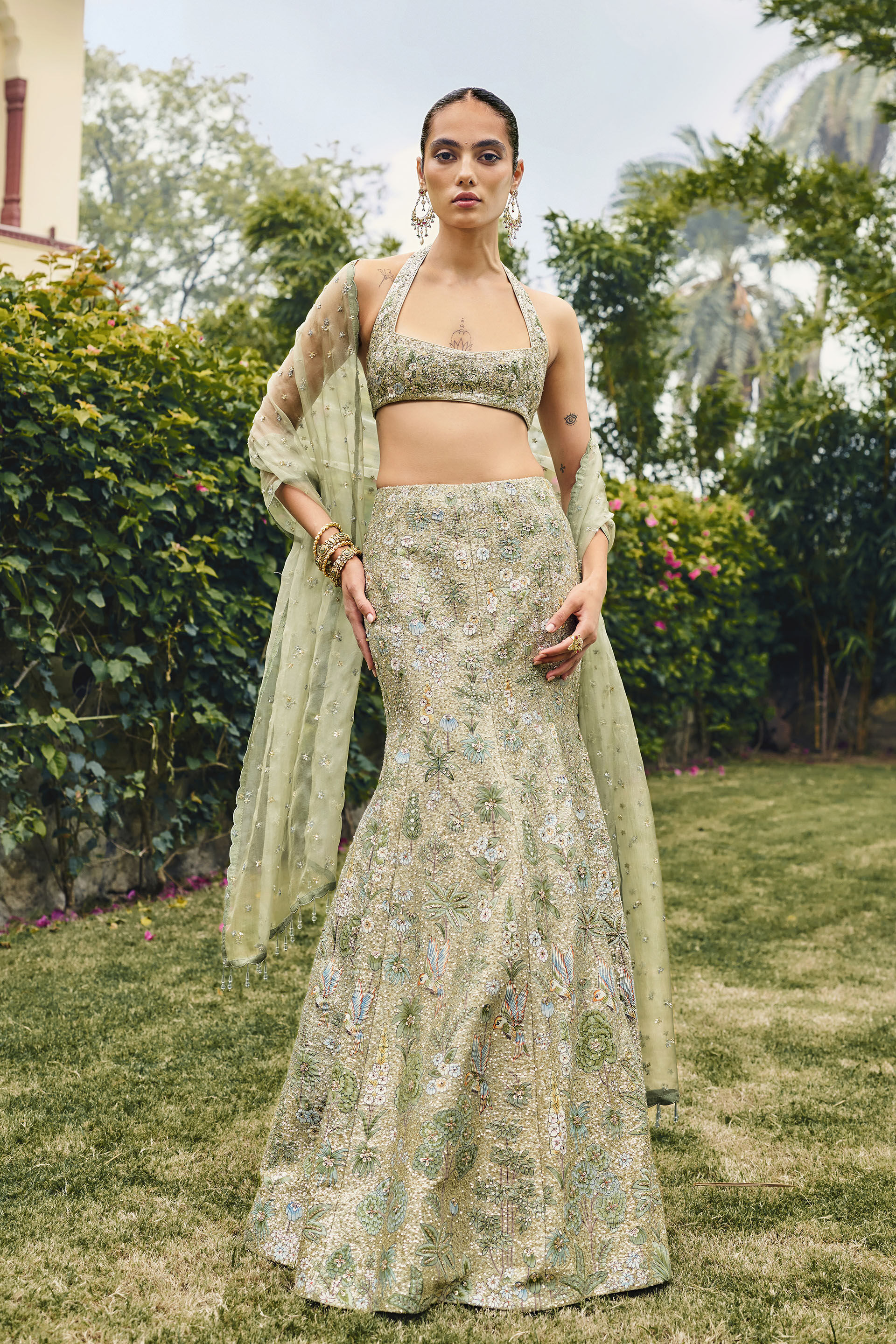 Reverie Hand-painted Pichhwai Fishtail Lehenga Set - ​Sage