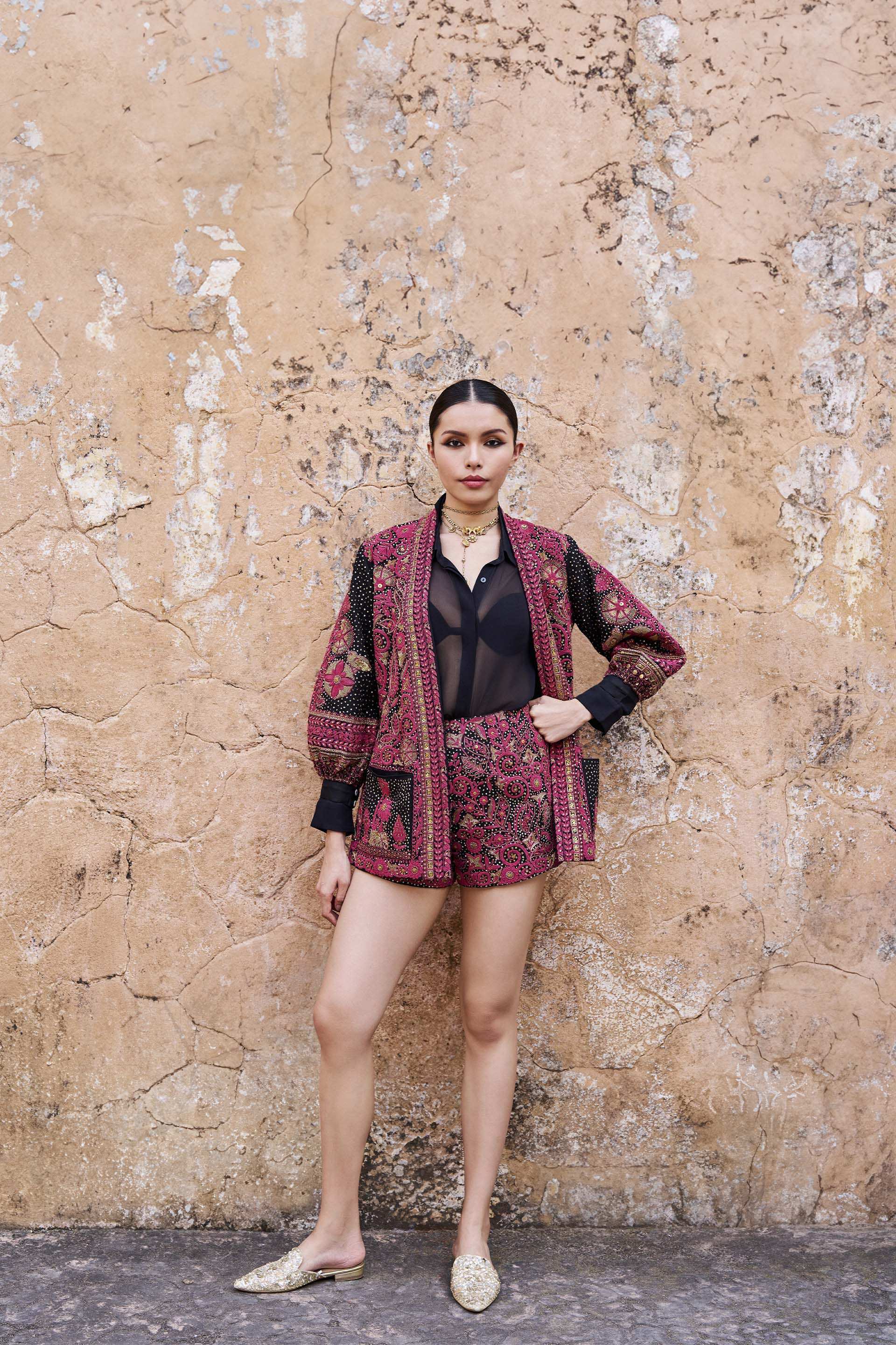 Nocturnal Wilderness Zardozi & Embroidered Cord Silk Jacket Set - Black