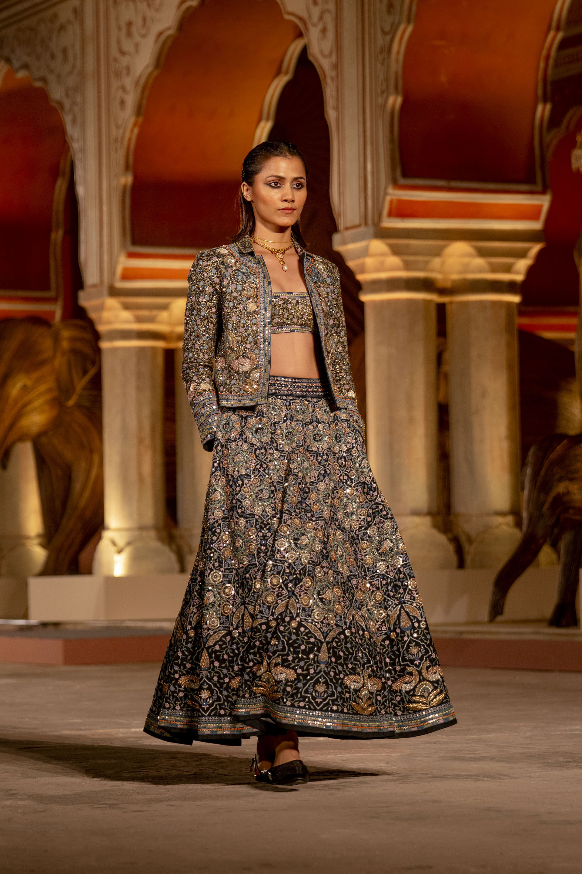 Forest Gleam Embroidered Zardozi Silk Skirt Set - Black, Black, image 6