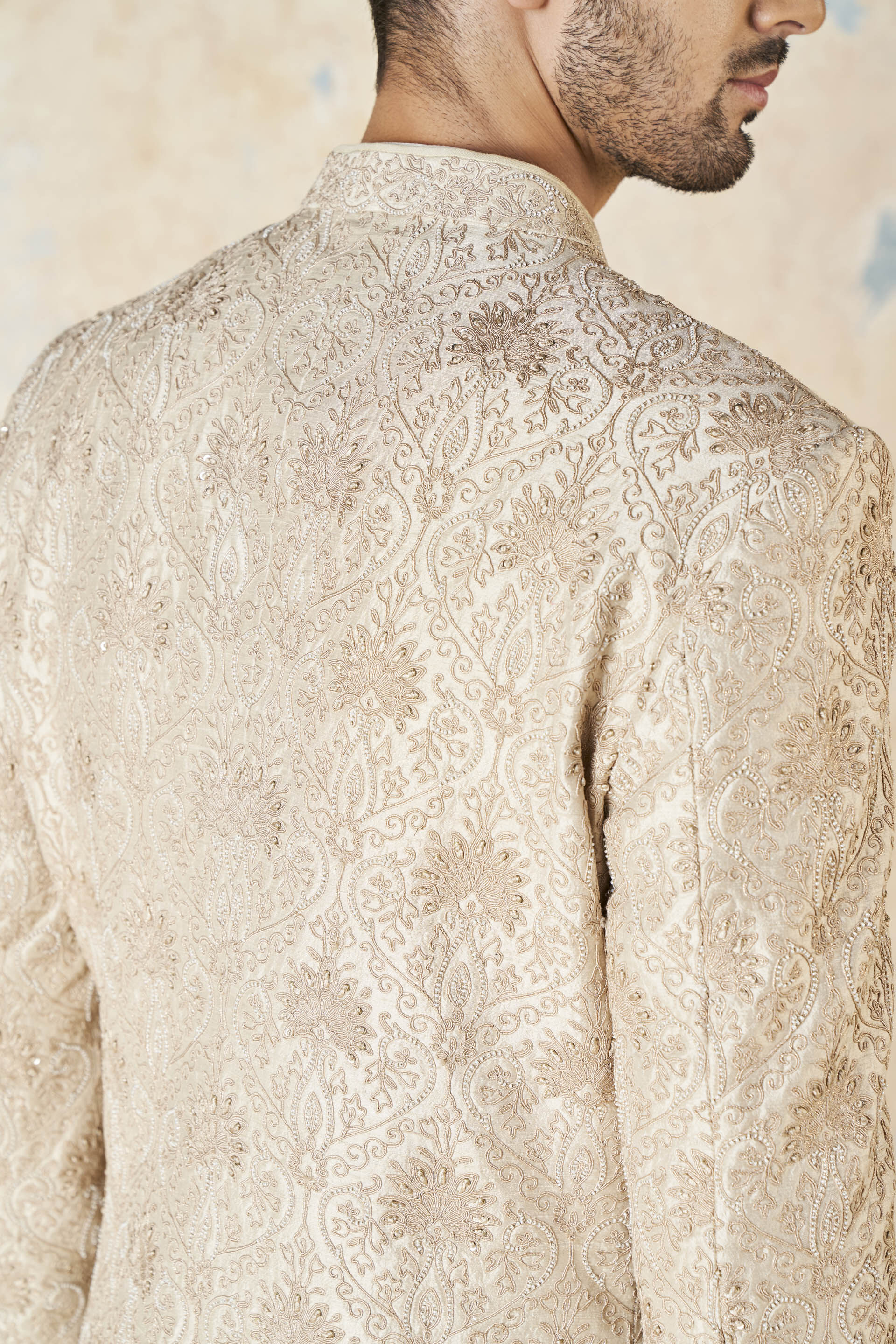 Ikshaan Embroidered Cord Silk Sherwani - Ivory, Ivory, image 6