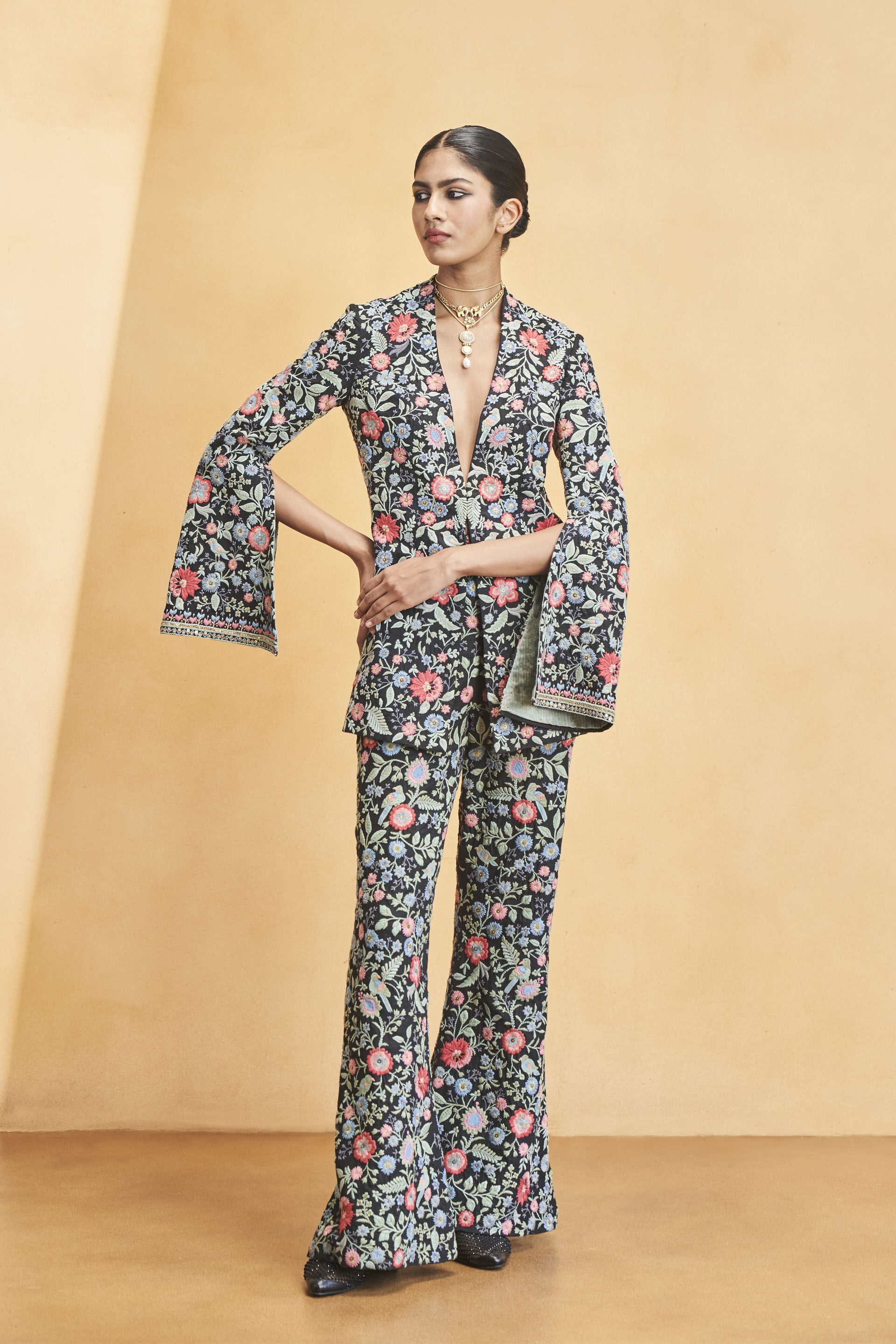 Galaxy Of Flowers Embroidered Zardozi Silk Set - Black, Black, image 3