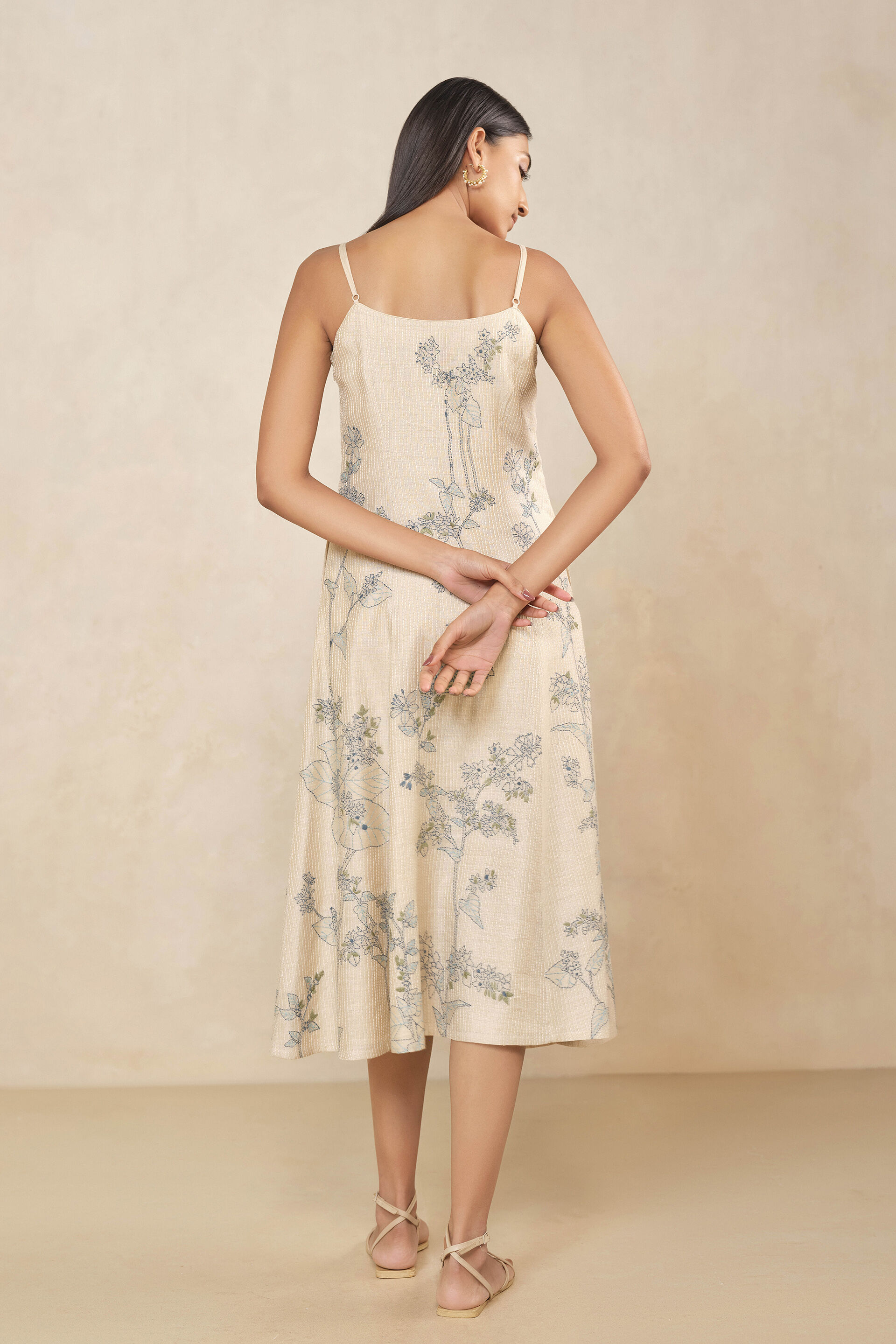 Haiku Hand-embroidered Kantha Silk Dress - Beige