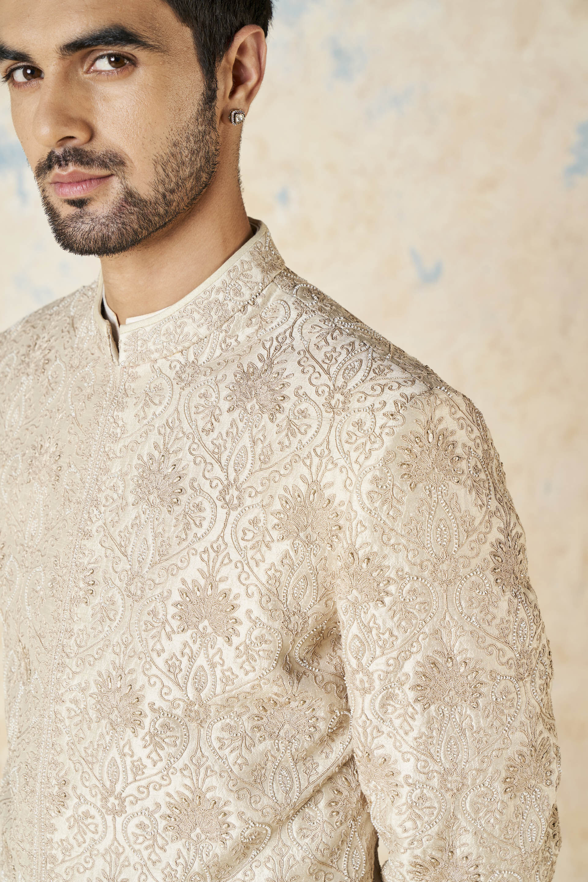 Ikshaan Embroidered Cord Silk Sherwani - Ivory, Ivory, image 7