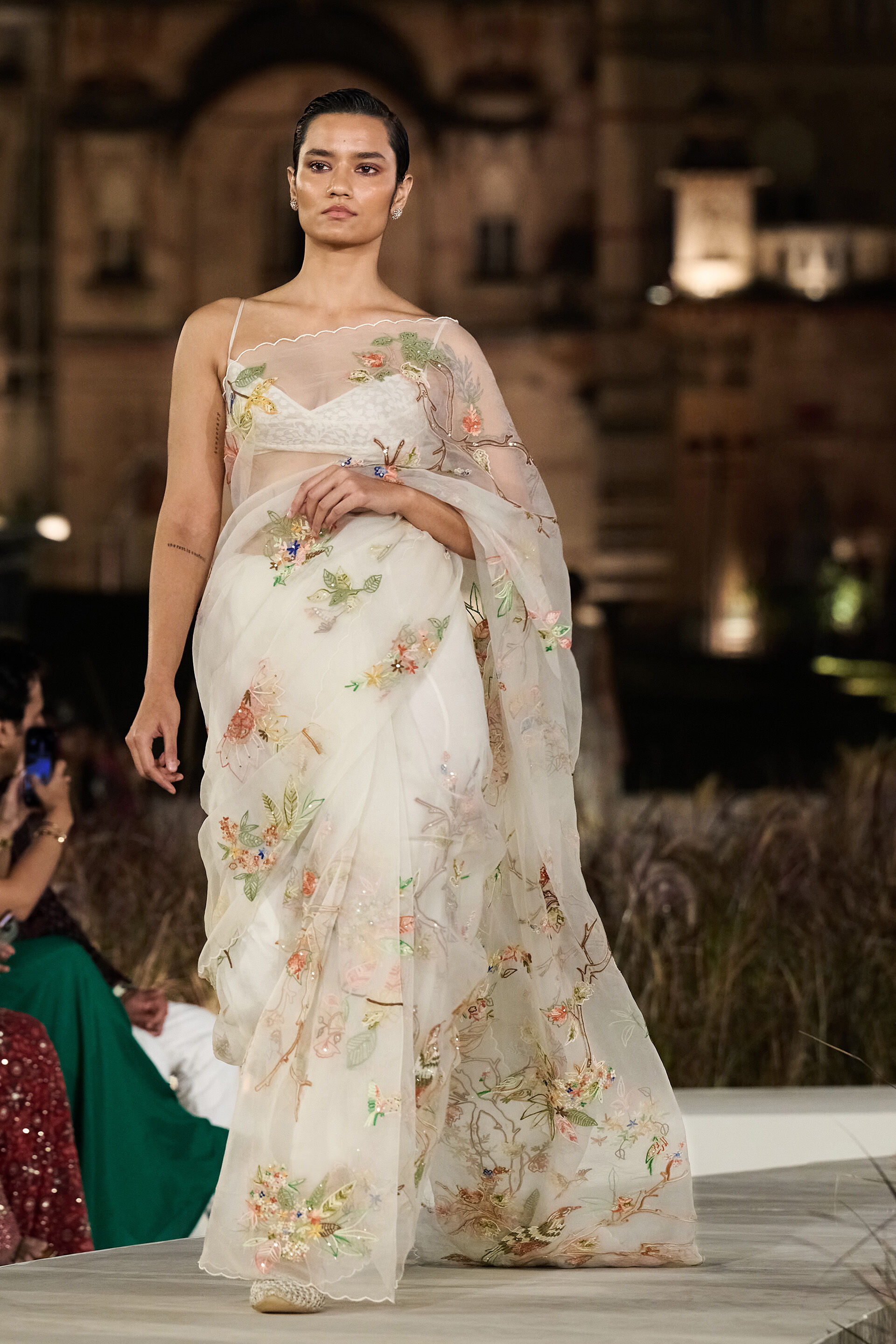 Springbloom Hand-embroidered SEWA Silk Saree - Ivory, Ivory, image 1