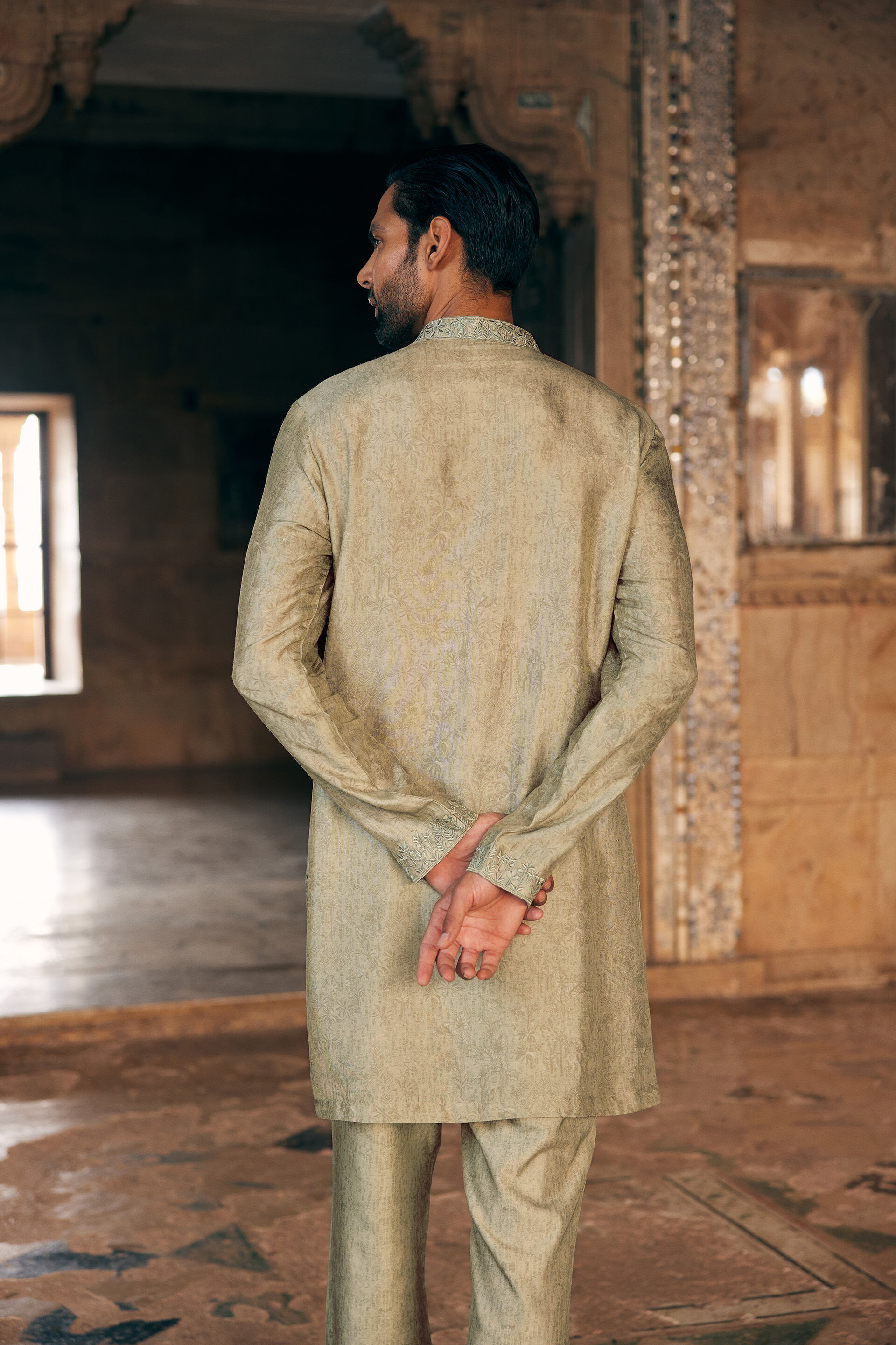 Hiranmay Printed Silk Kurta - Sage