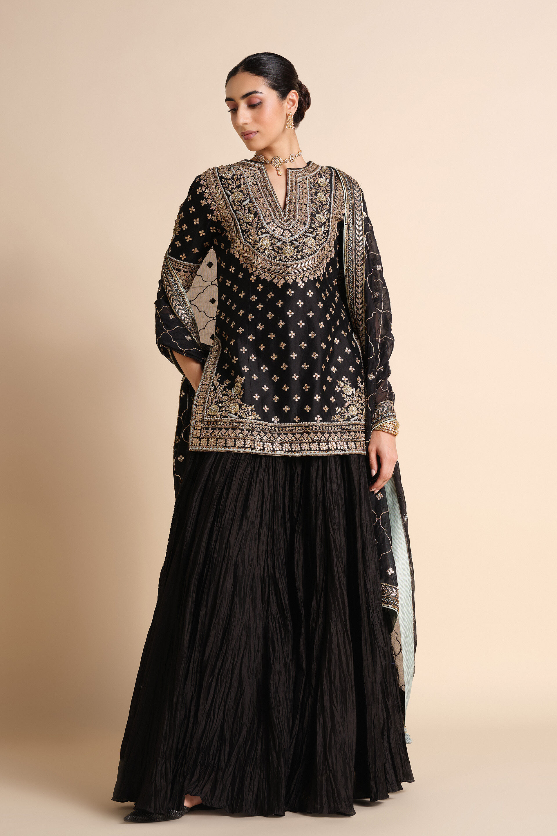 Sahasra Gota Patti Silk Sharara Set - Black