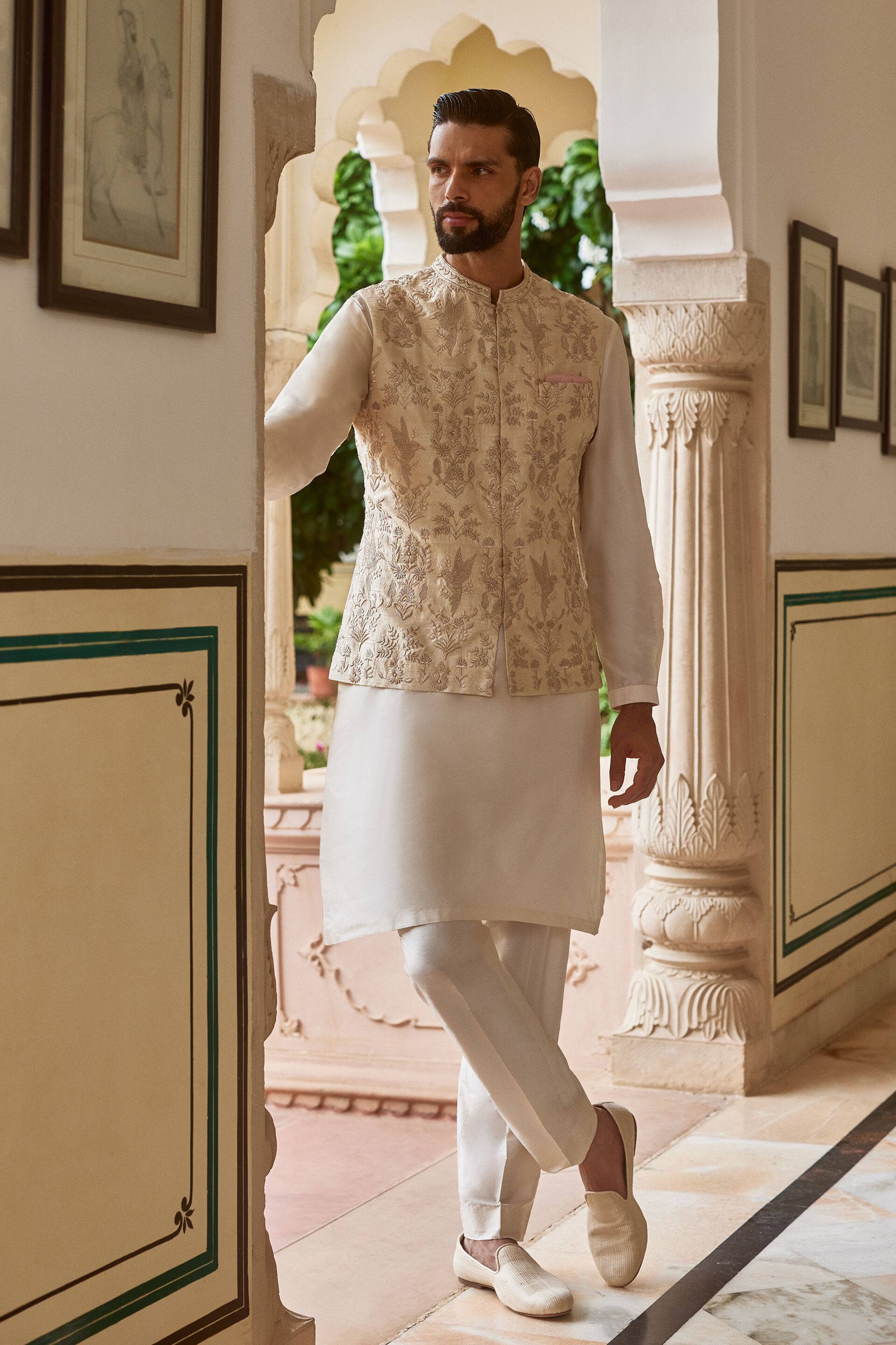 Samar Embroidered Silk Nehru Jacket - Cream
