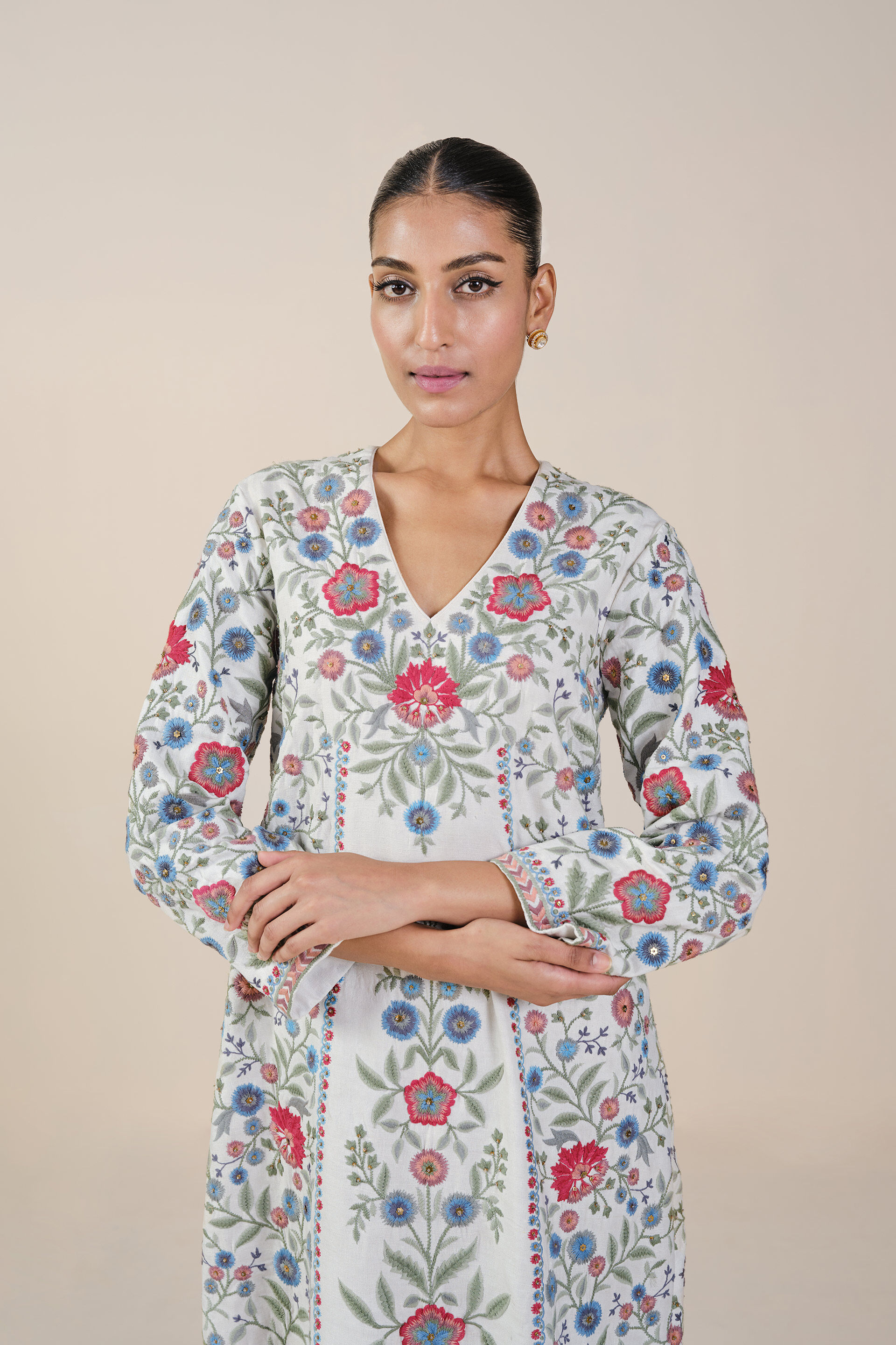 Galaxy of Flowers Embroidered Matka Silk Kaftan - White, White, image 4