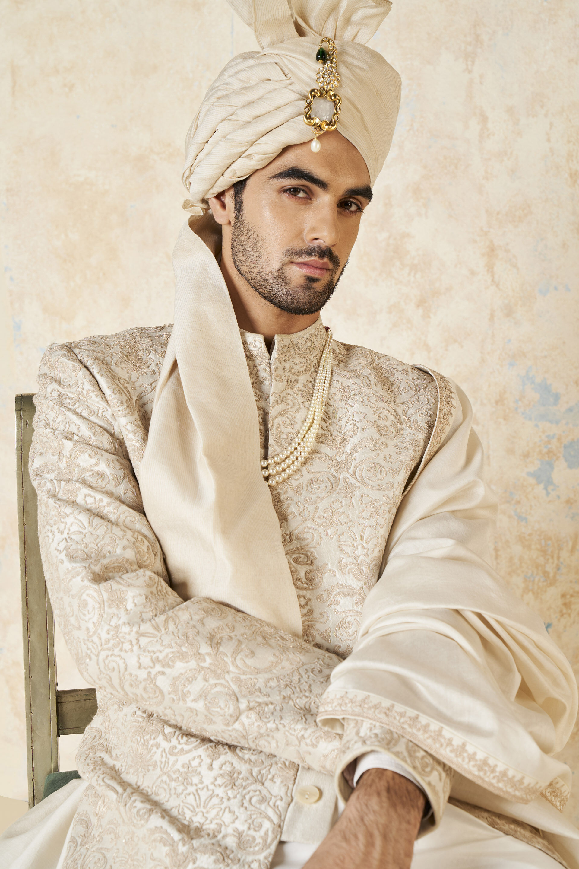 Vehant Embroidered Cord Silk Sherwani - Ivory, Ivory, image 8
