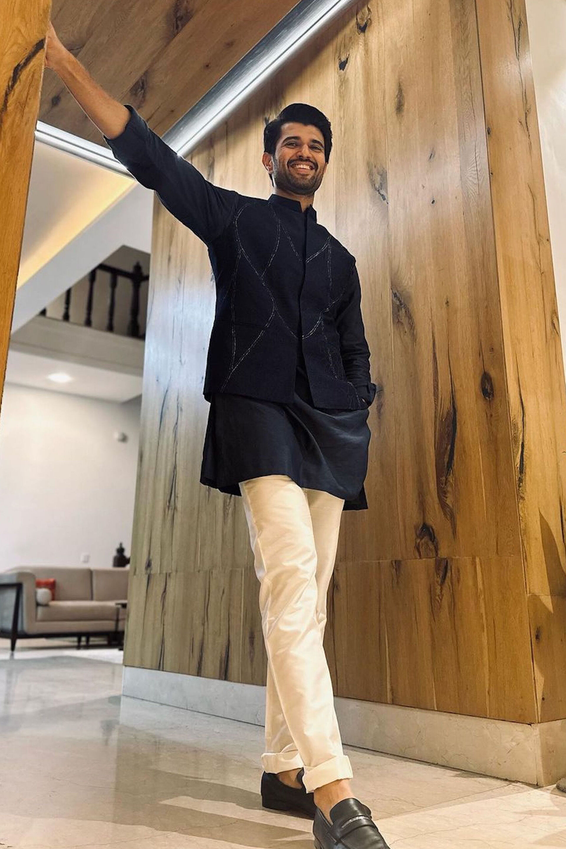 Naim Embroidered Silk Nehru Jacket - Navy, , image 1