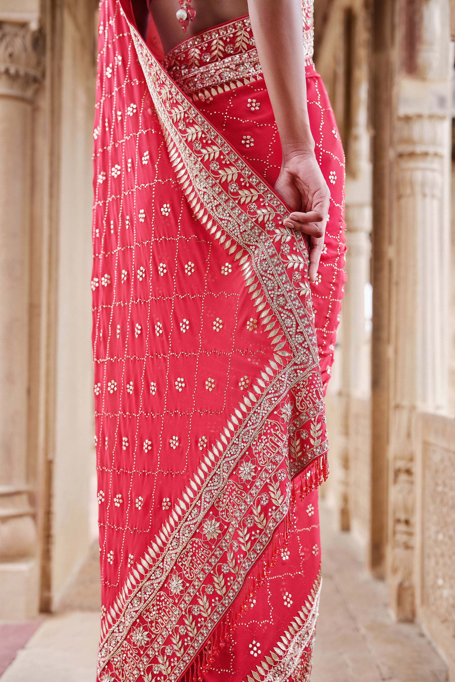 Anushna Handcrafted Badla Georgette Saree - Red, Red, image 3