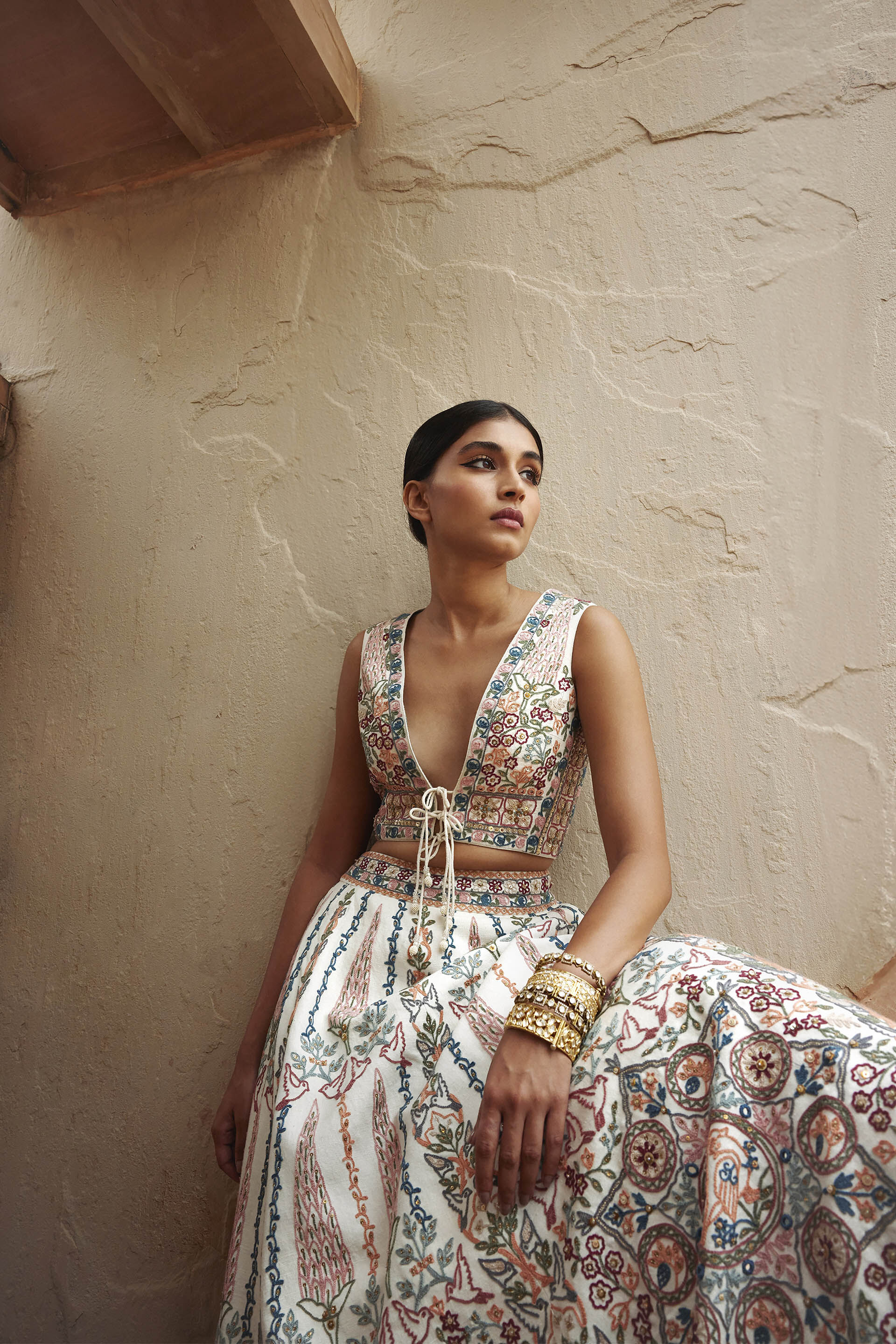 Alakana SEWA Hand-embroidered Silk Skirt Set - Ivory, Ivory, image 3