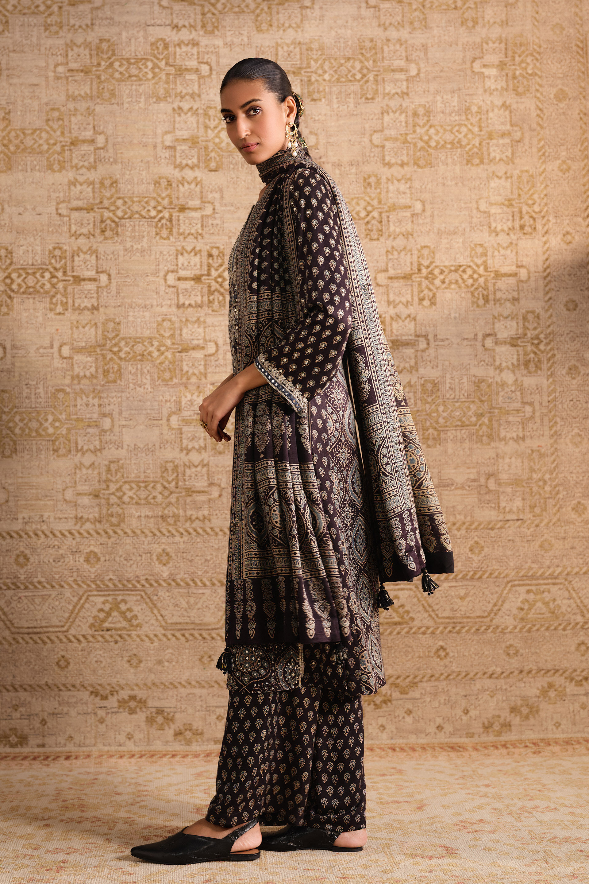 Riyal Ajrakh Hand-block Printed Silk Suit Set - Black, Black, image 3