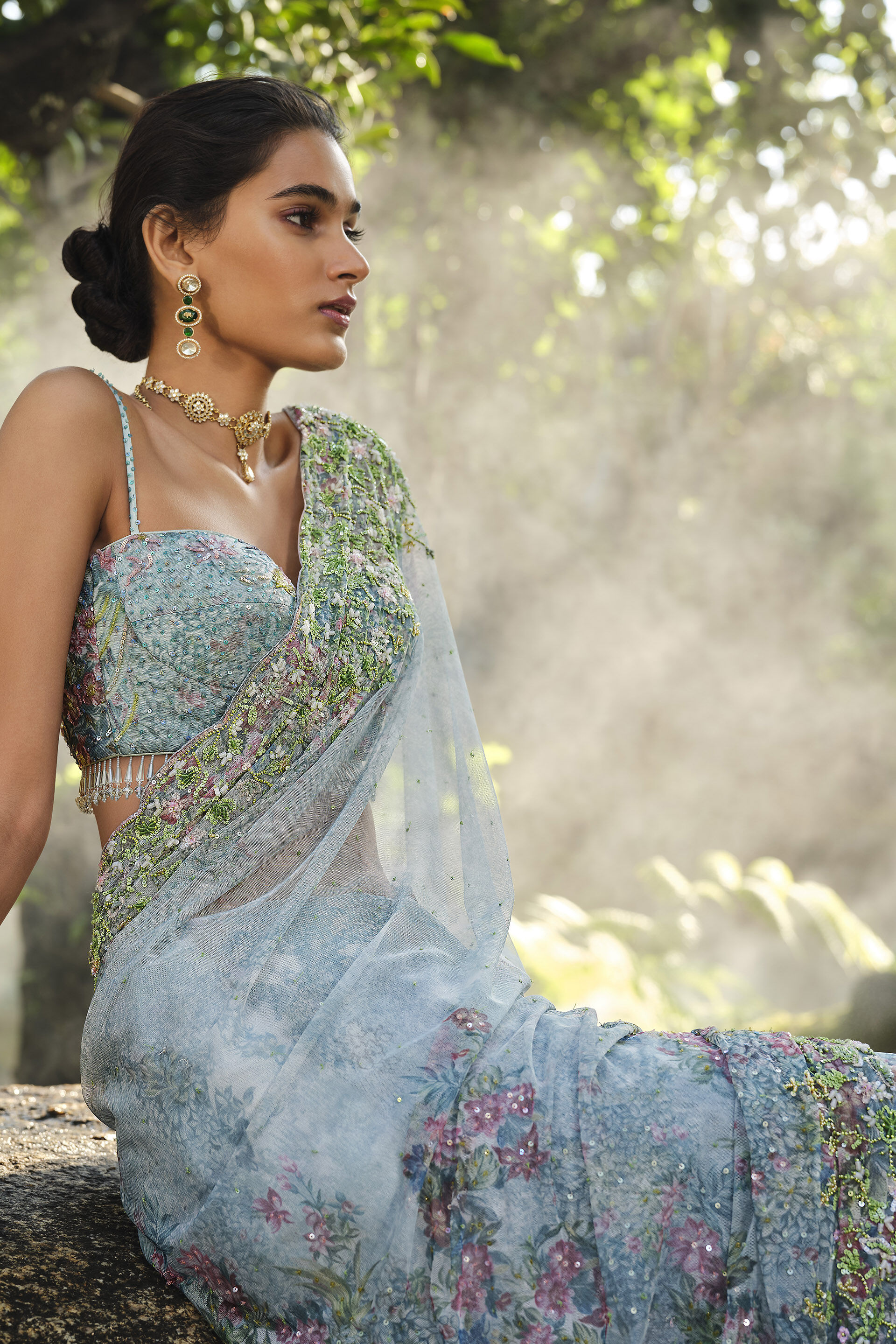 Blooming Meadows Embroidered Saree - Powder Blue, Powder Blue, image 3