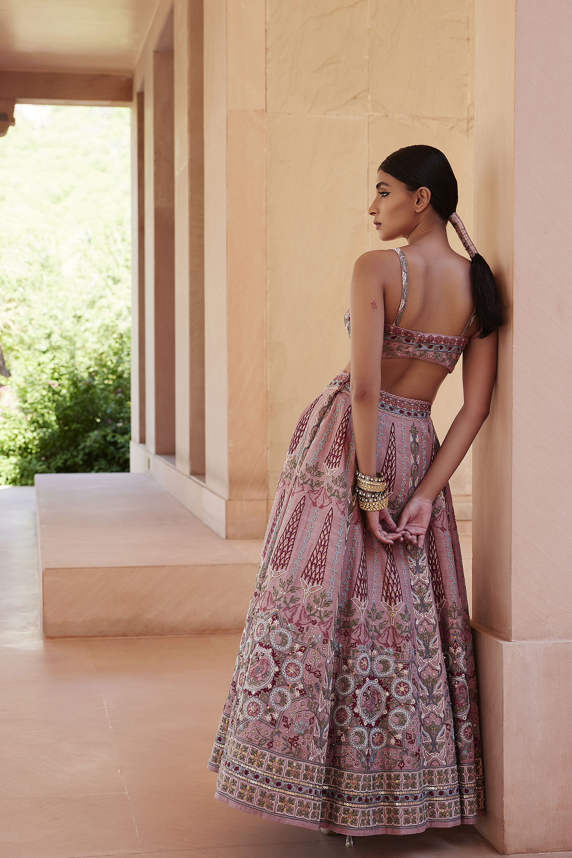 Alakana SEWA Hand-embroidered Silk Skirt Set - Old Rose