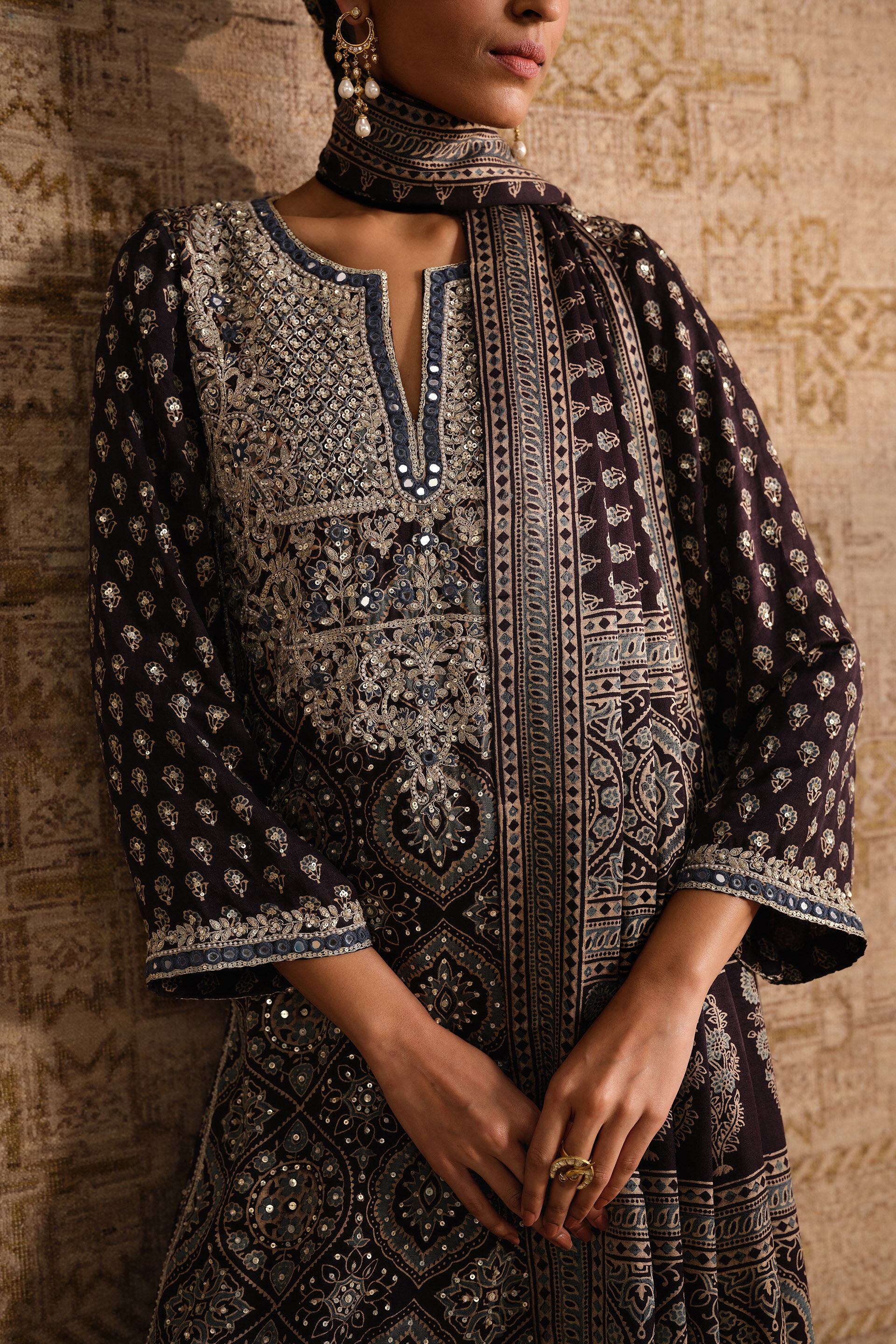 Riyal Ajrakh Hand-block Printed Silk Suit Set - Black, Black, image 5
