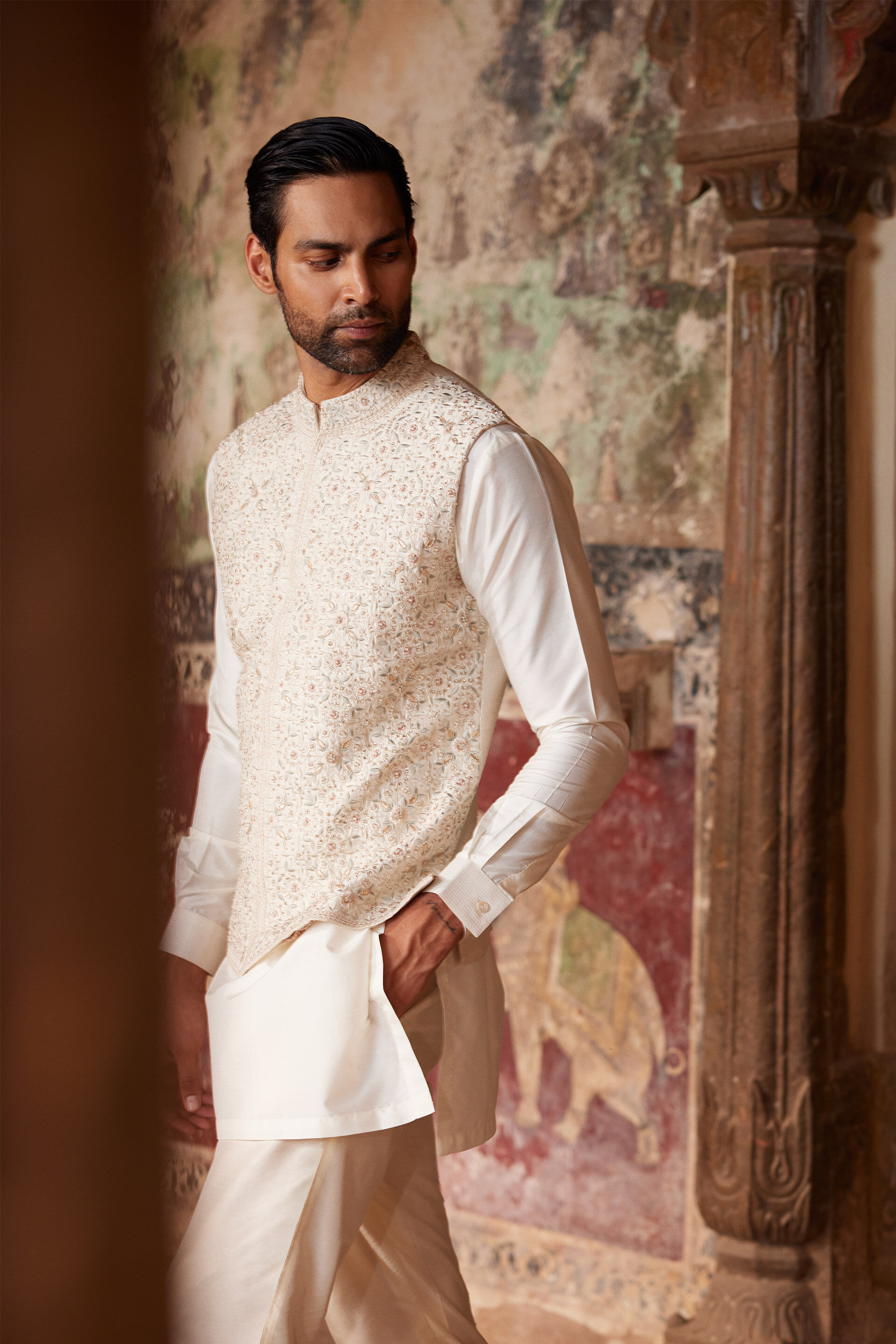 Suwayd Embroidered Silk Nehru Jacket - Ivory, Ivory, image 3