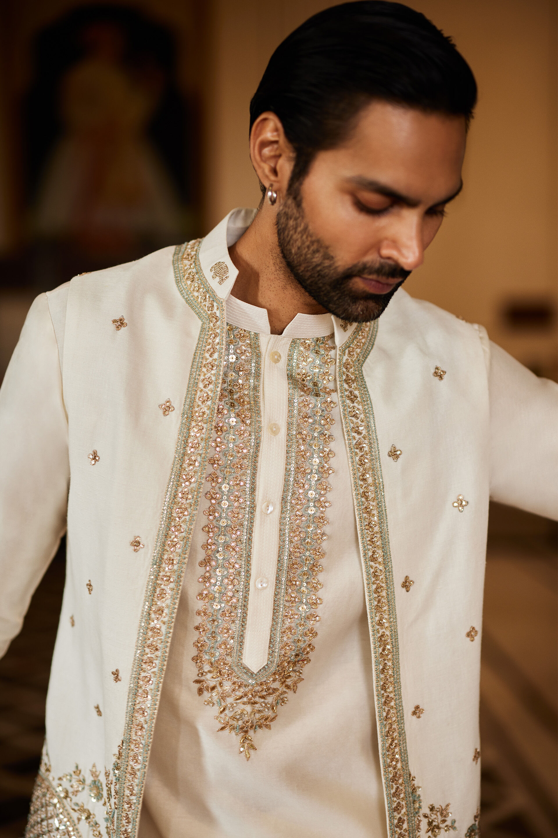 Saaket Gota Patti Silk Nehru Jacket - Ivory, Ivory, image 4