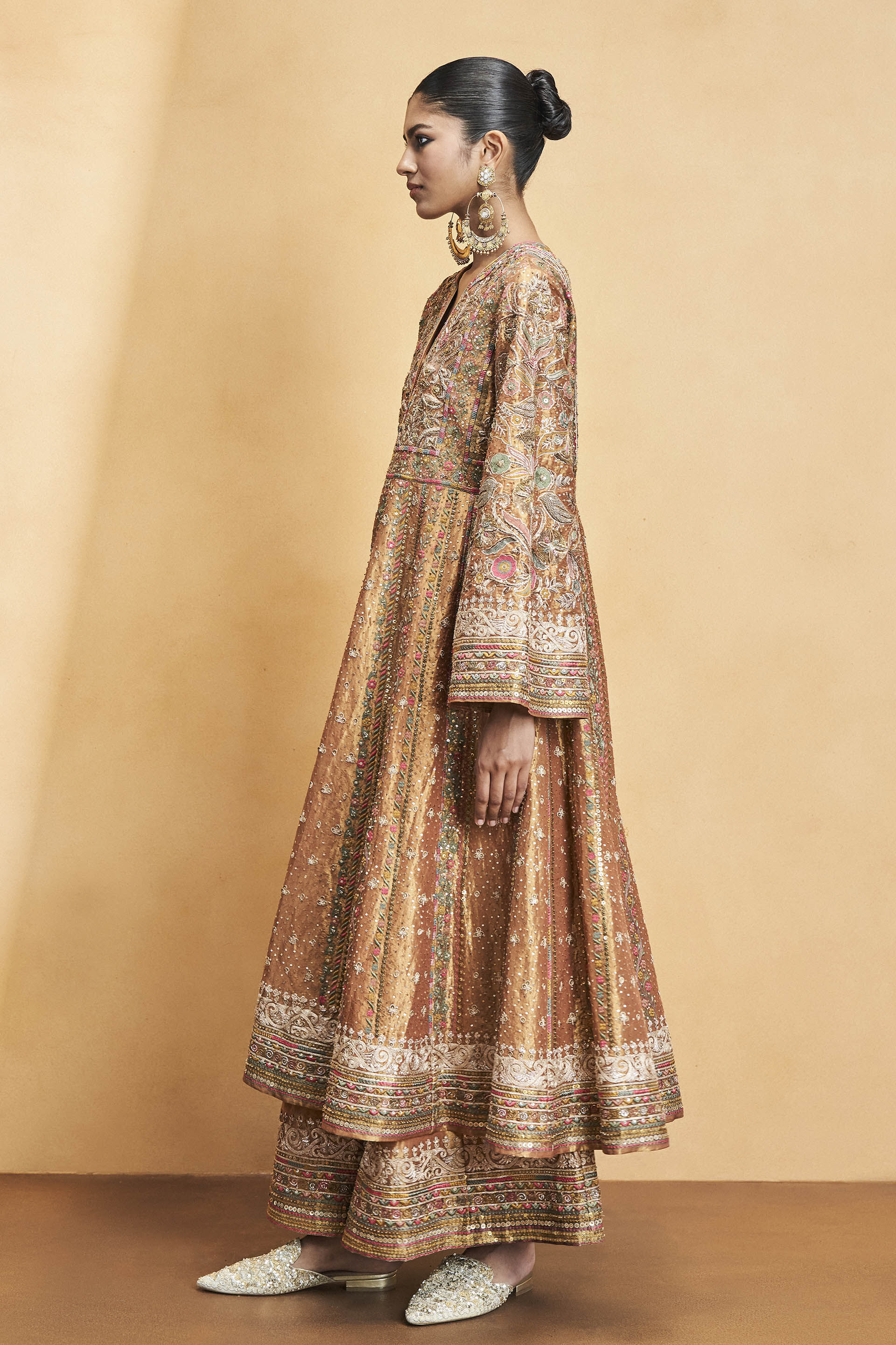 Magic Of The Gleaming Sunrays Embroidered Zardozi Sharara Set - Copper, Gold, image 2