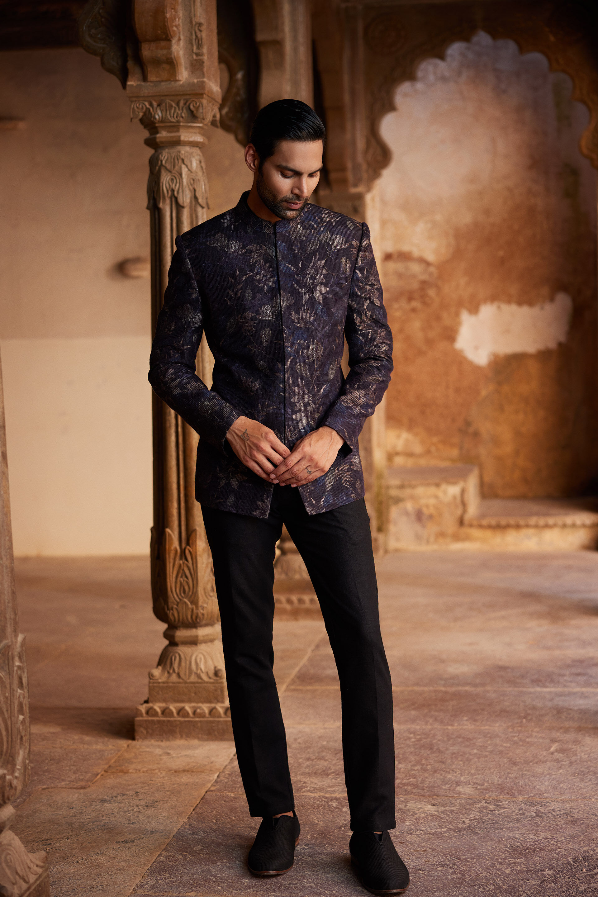 Rahin Printed Silk Bandhgala - Navy