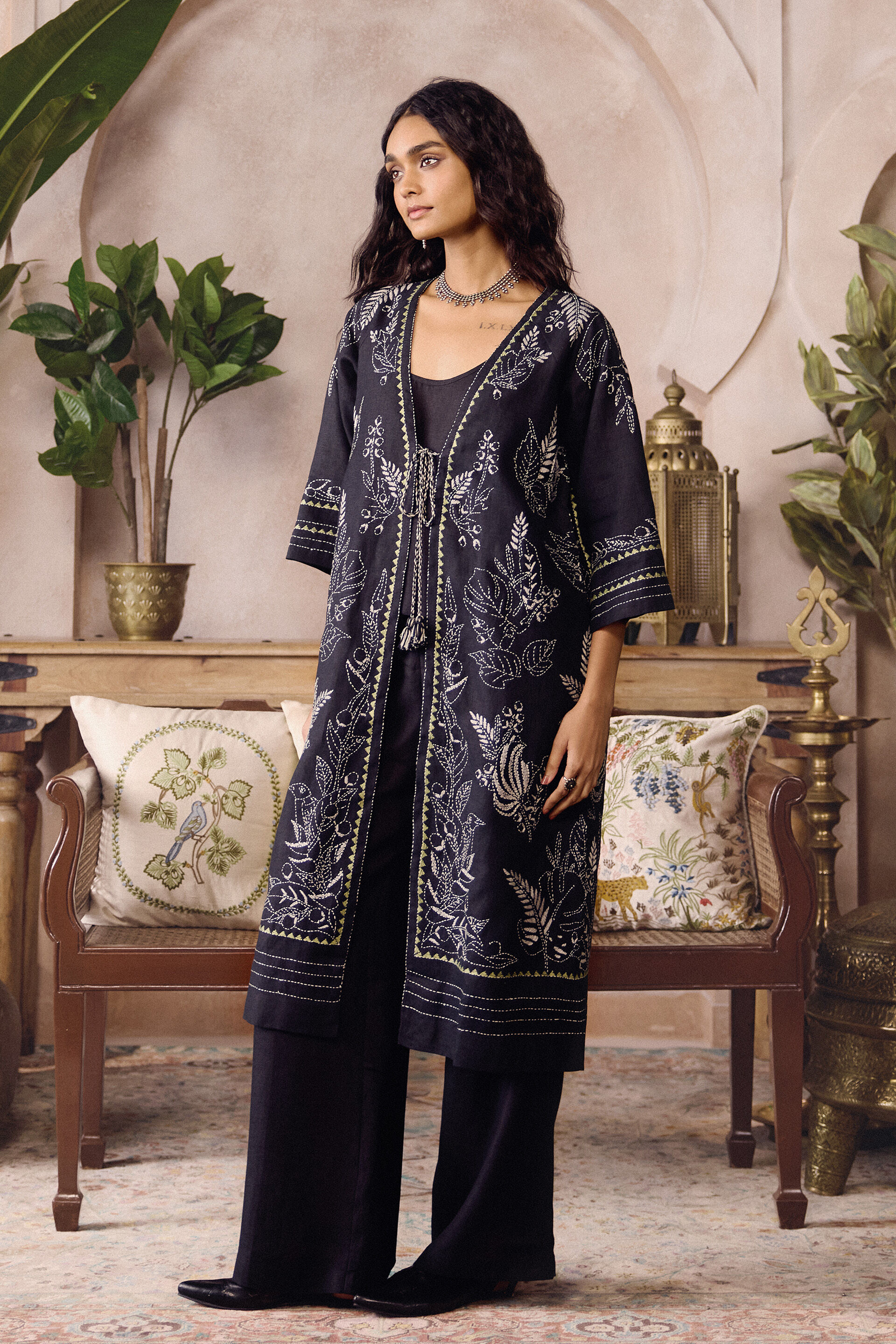 Beaumont Hand-embroidered Kantha Hemp Jacket Set - Black