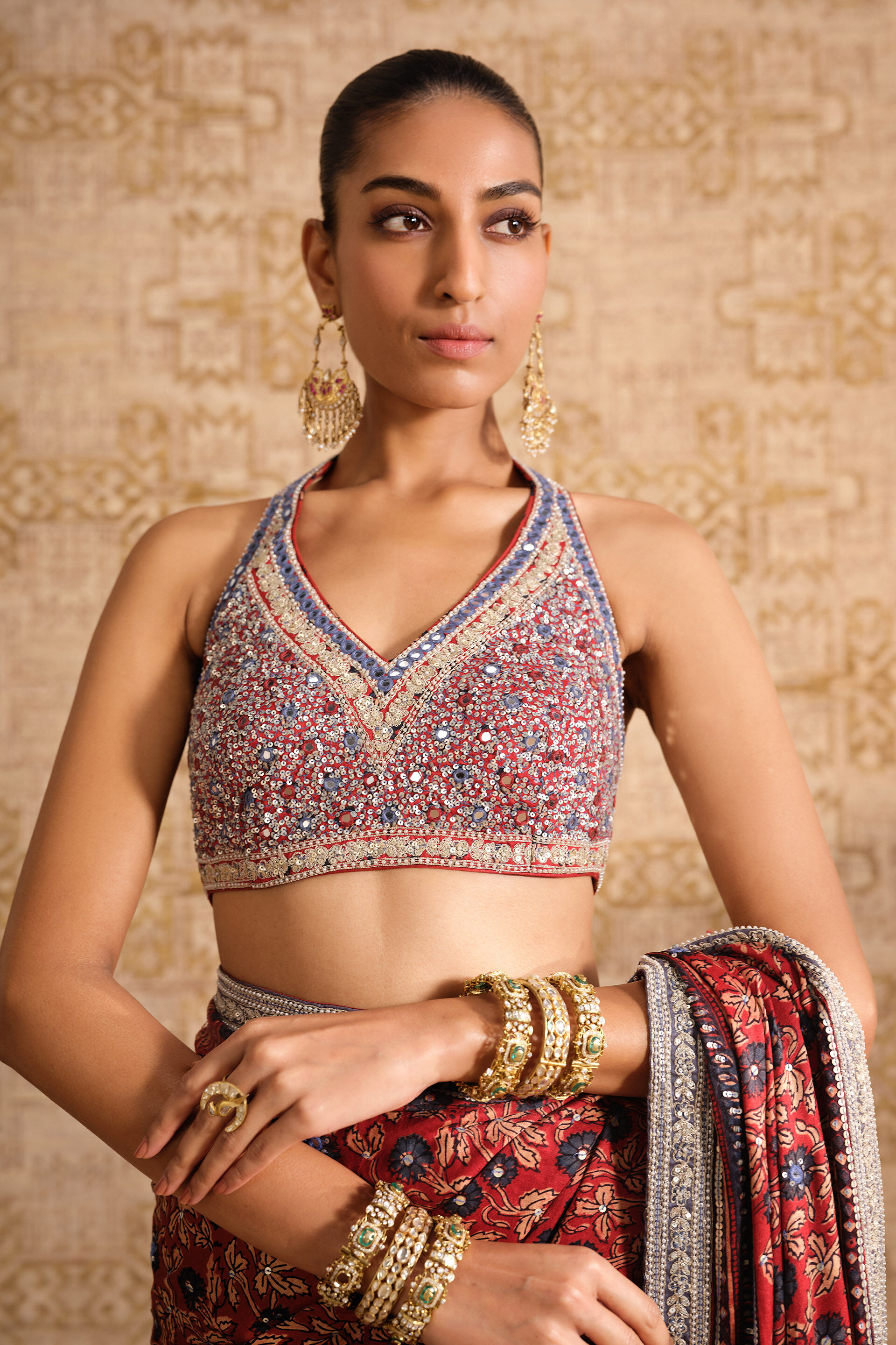 Grisha Embroidered Ajrakh Hand-block Printed Silk Choli - Red