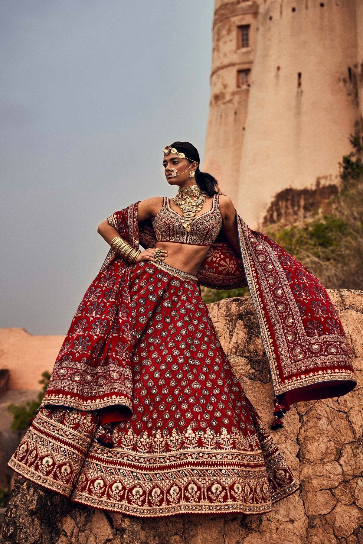 Laukya Ajarakh Lehenga Set- Red