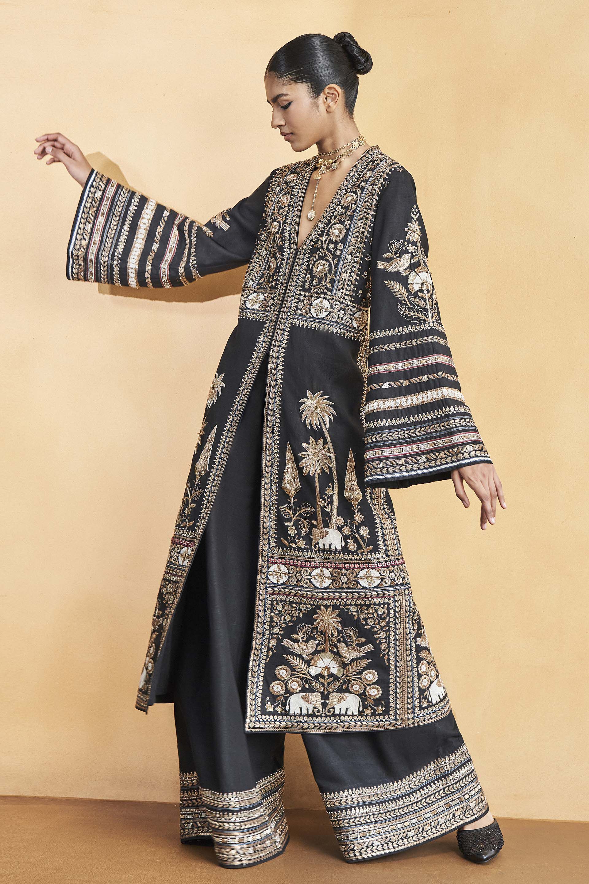 From The Wilderness Embroidered Zardozi Silk Kurta Set - Black