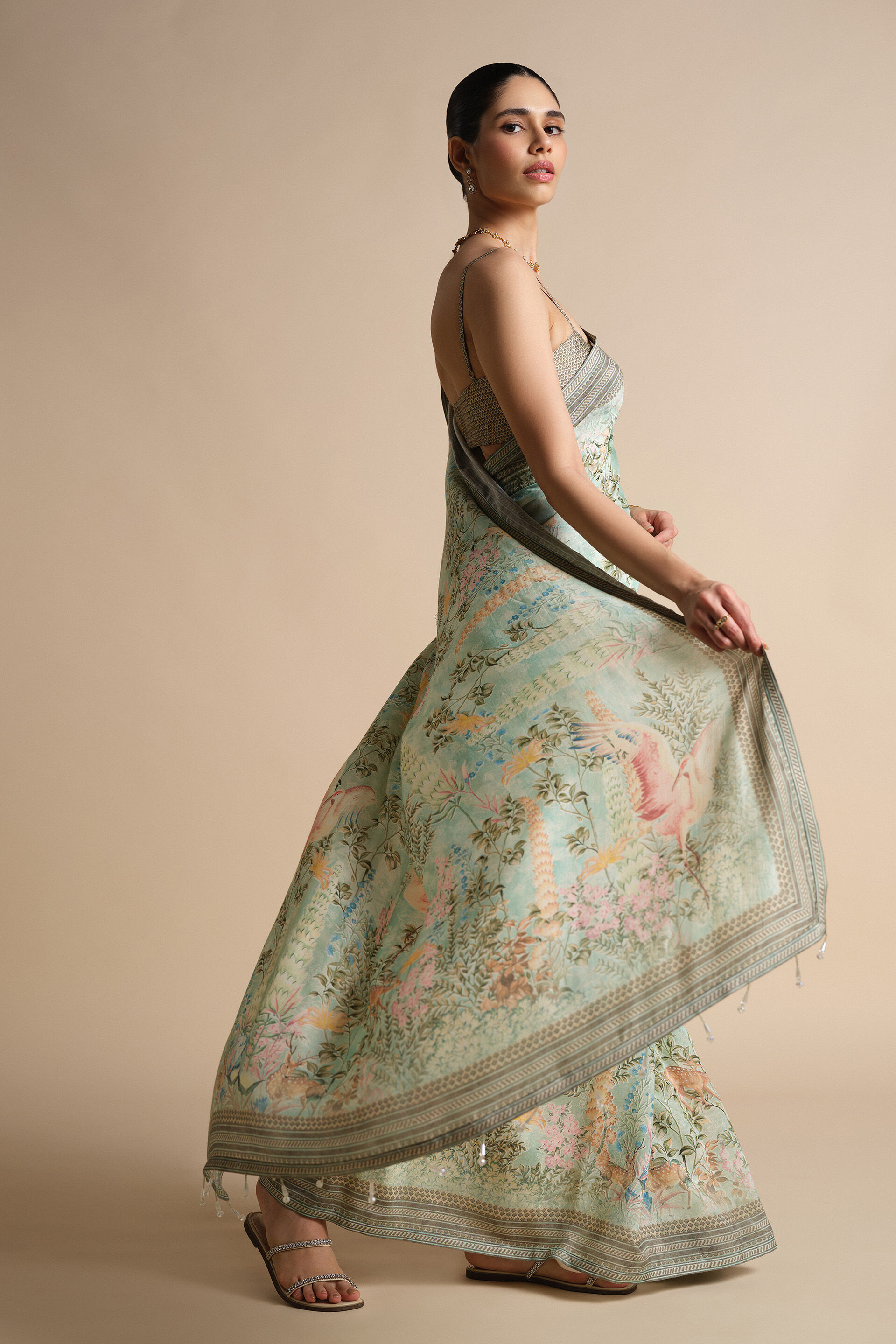 Romney Printed Saree, Sage, image 3