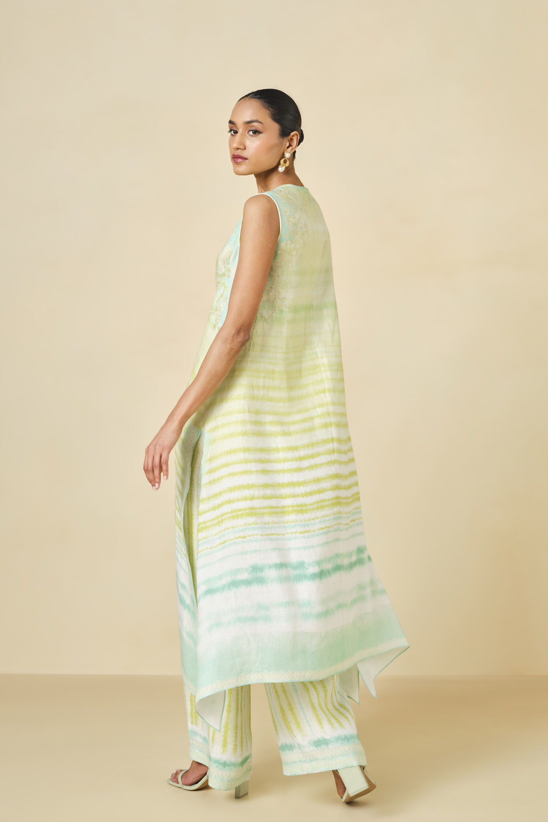Anapos Asymmetrical Printed Hemp Kurta Set - Lime, Lime, image 2