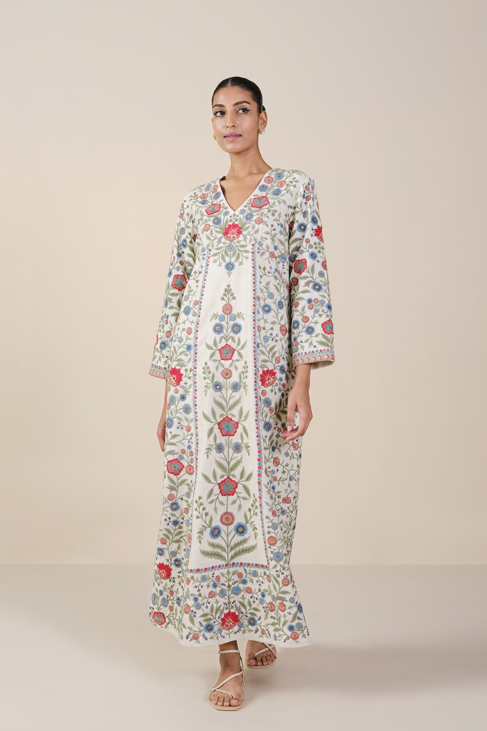 Galaxy of Flowers Embroidered Matka Silk Kaftan - White, White, image 1