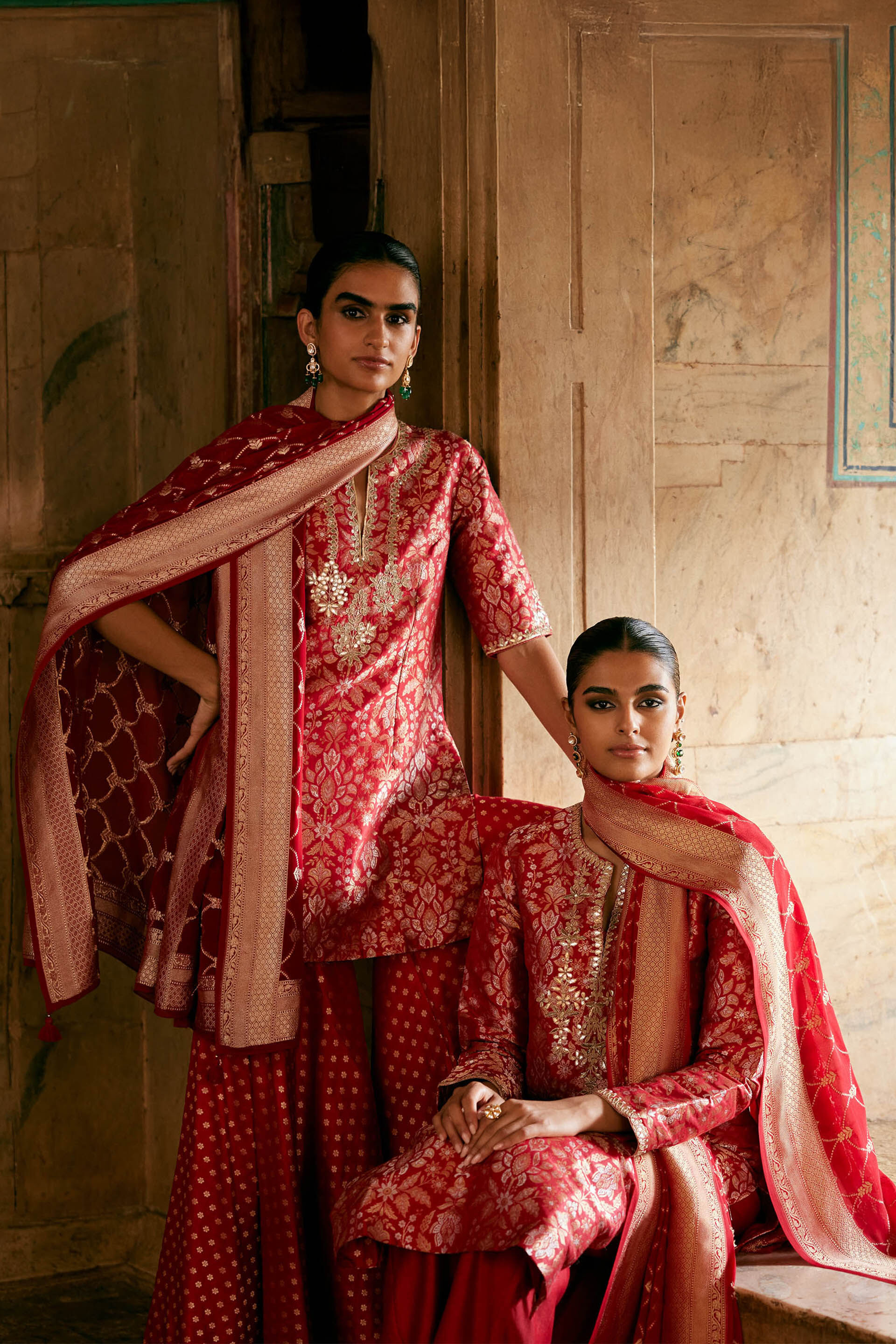 Khevna Handwoven Benarasi Silk Sharara Set - Red, Red, image 3