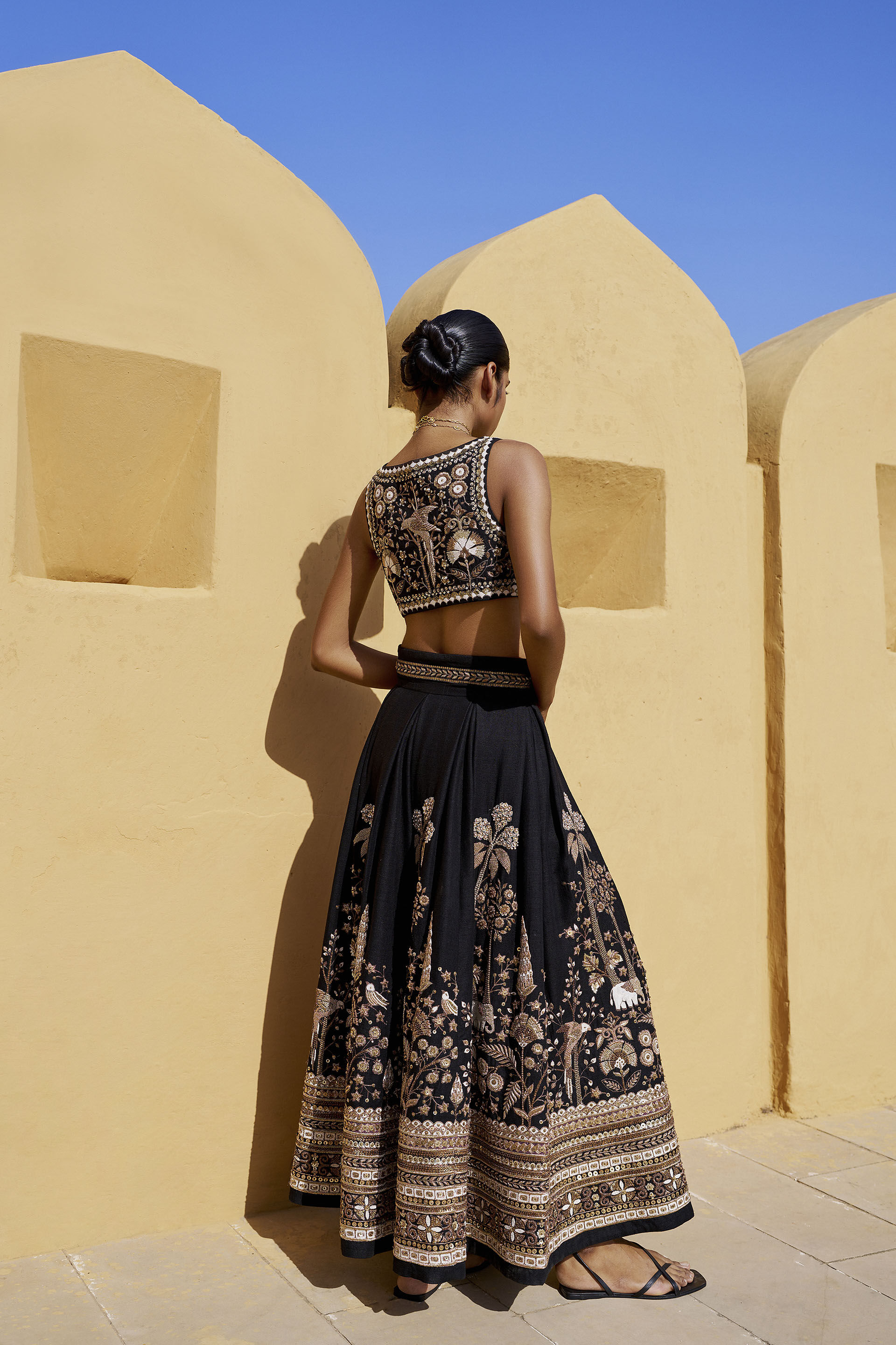 Pride Of The Forest Embroidered Zardozi Silk Skirt Set - Black