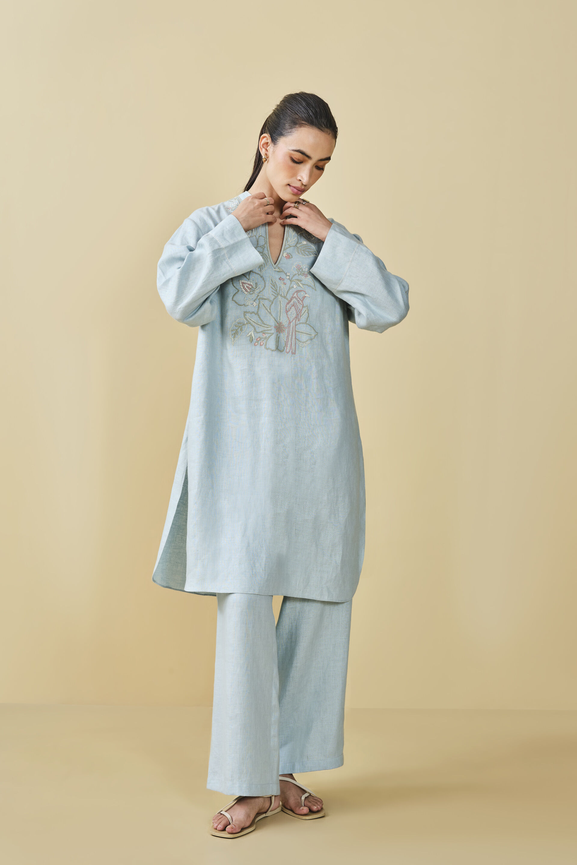 Peek Into The Trees Embroidered Hemp Kurta Set - Powder Blue