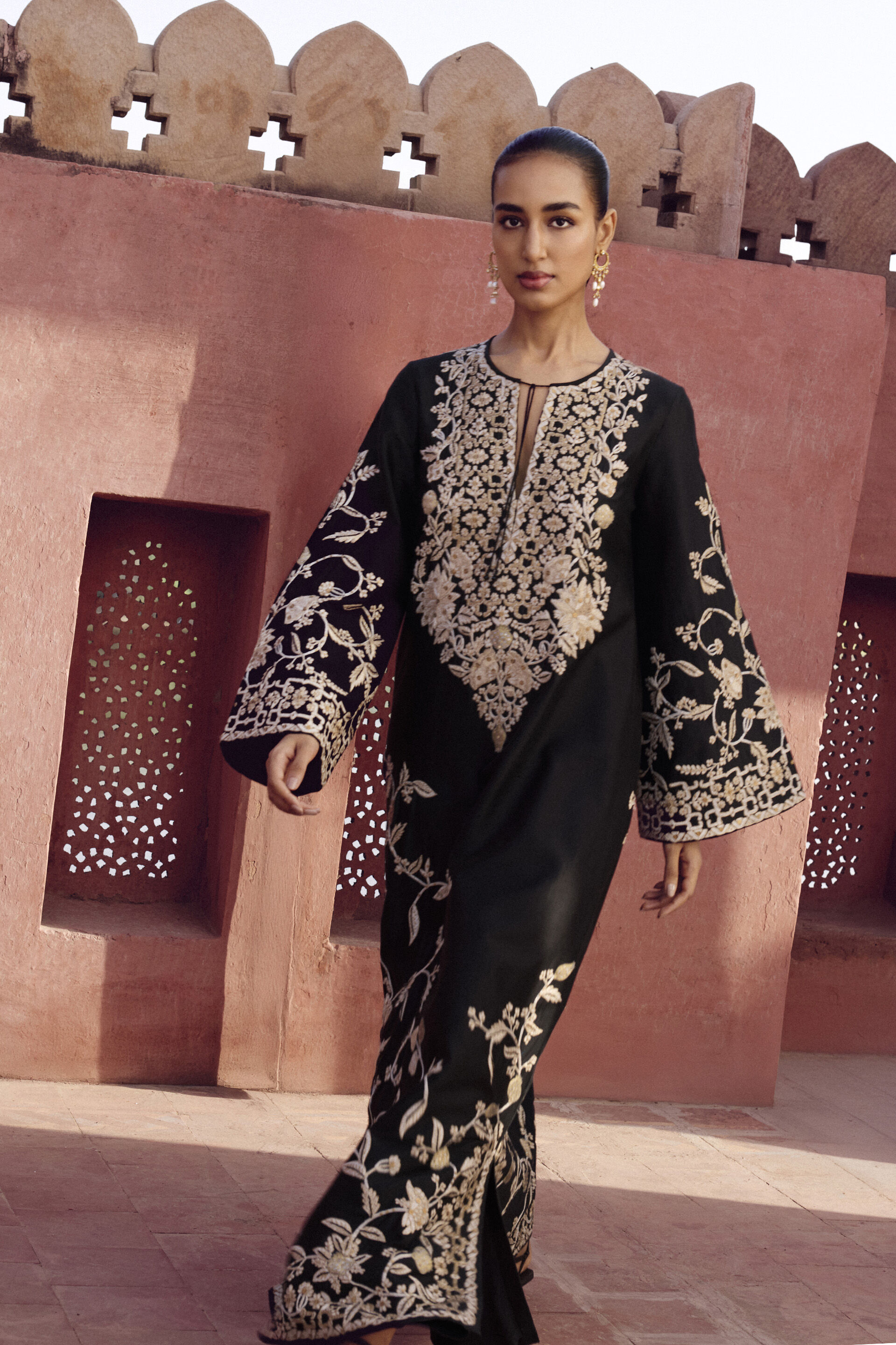 Samara Embroidered Silk Kaftan - Black, Black, image 3