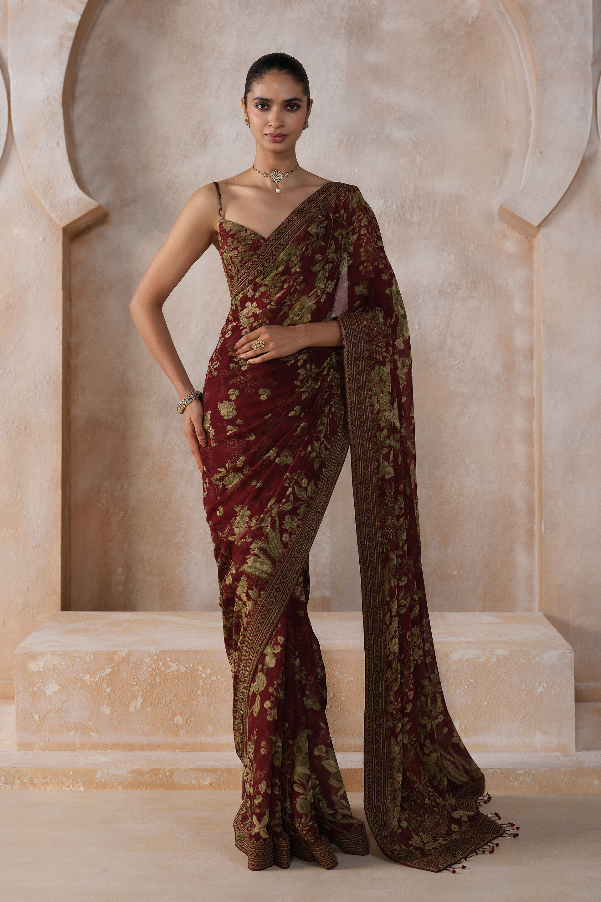 Amapola Chiffon Saree - Wine