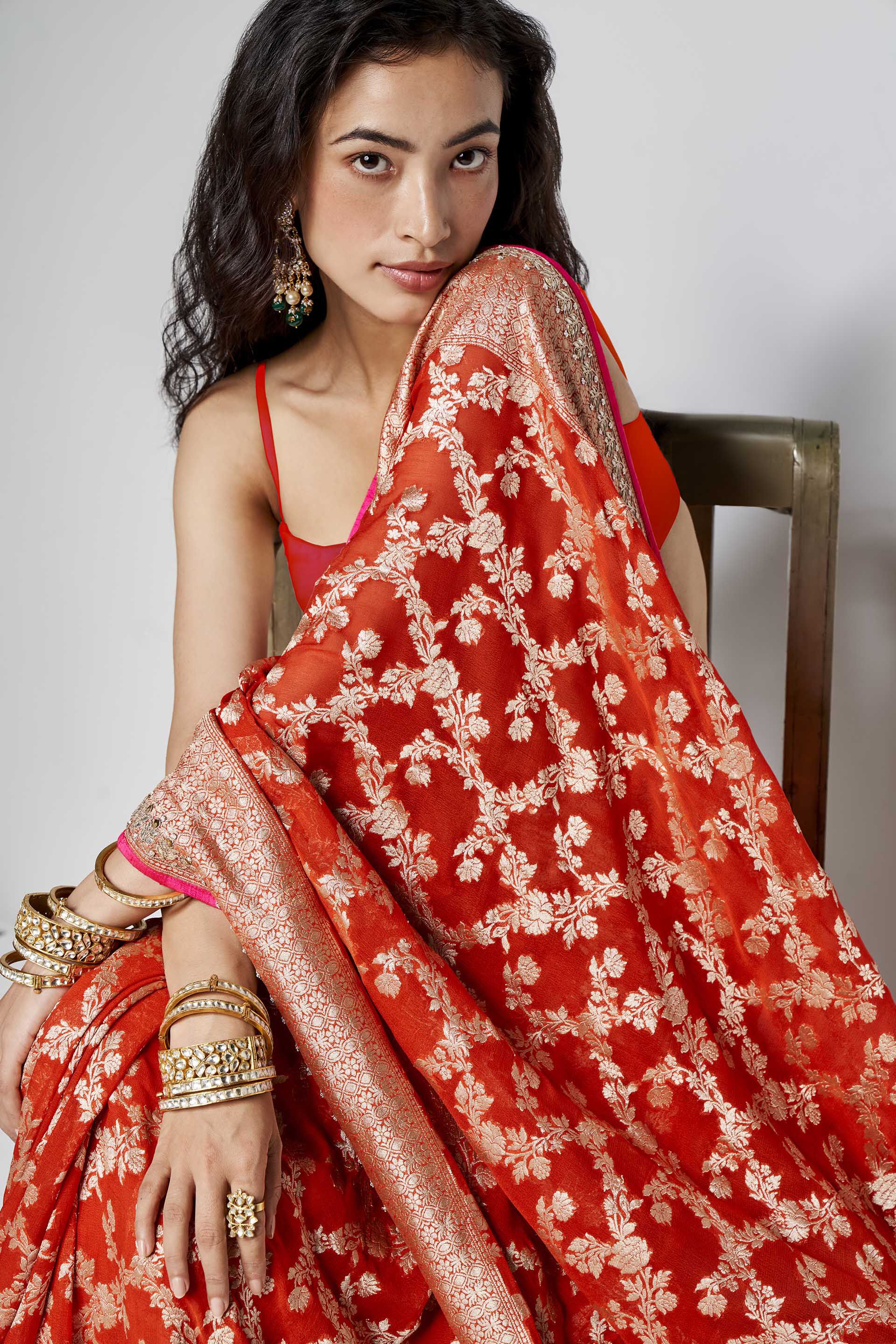 Nazaha Benarasi Silk Embroidered Saree - Orange, Orange, image 6