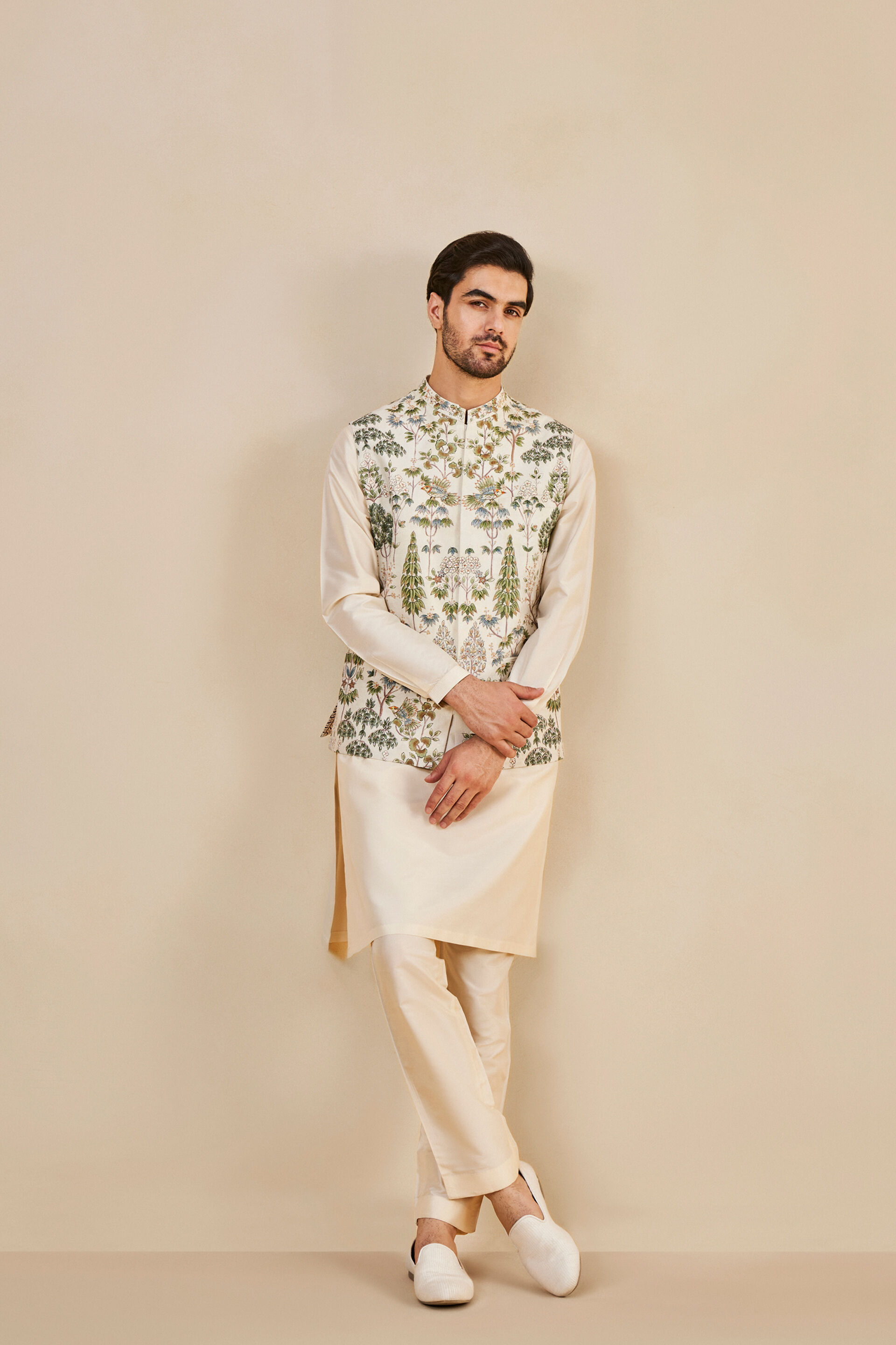 Nalesh Hand-painted Pichhwai Silk Nehru Jacket - Off White