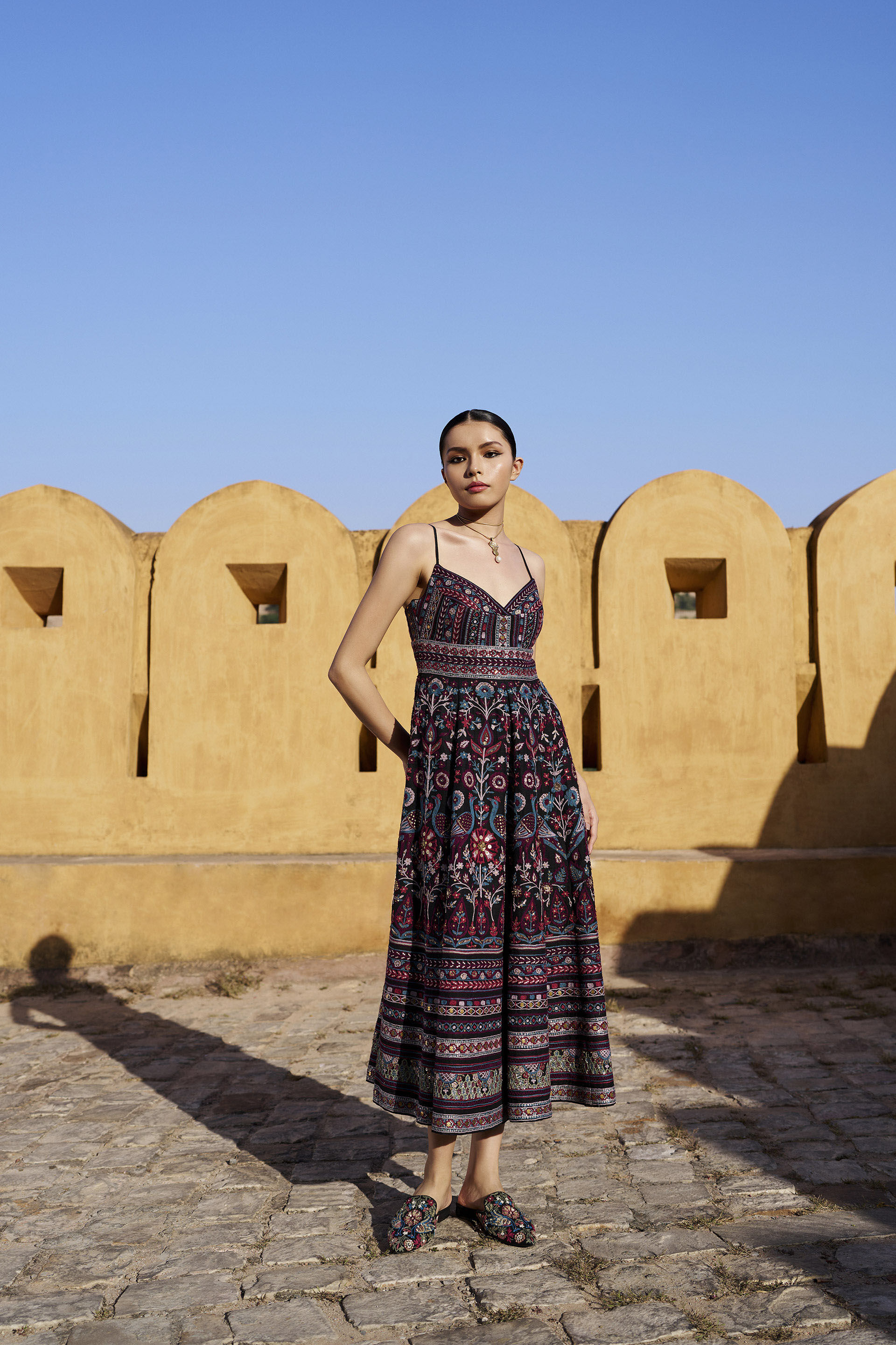 Starlit Serenade SEWA Hand-embroidered Silk Dress - Black