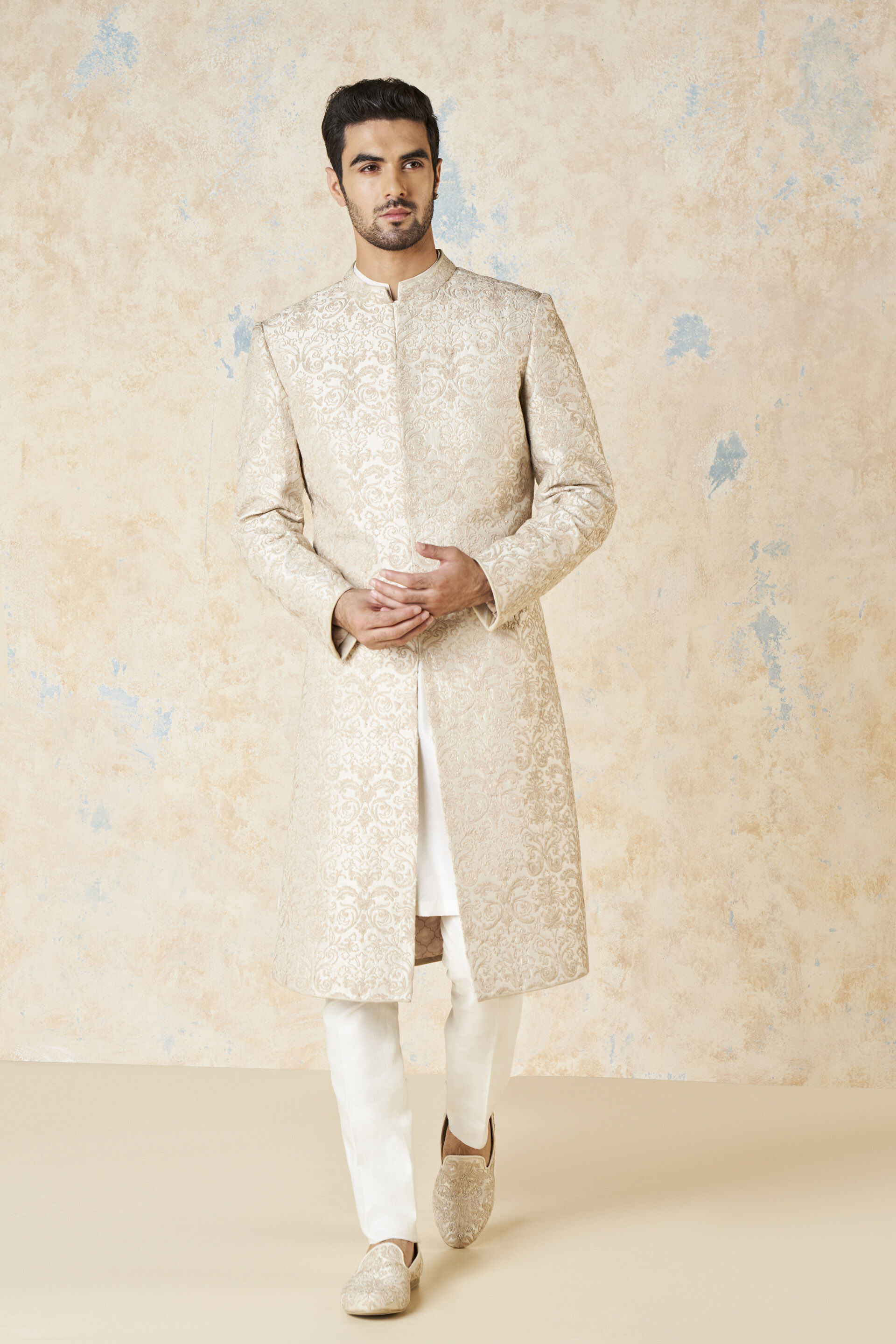 Vehant Embroidered Cord Silk Sherwani - Ivory