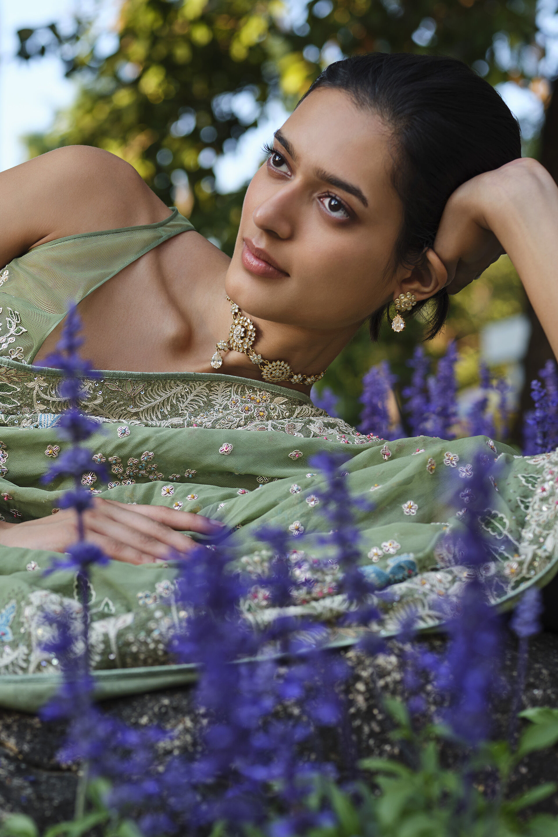 Elodea Embroidered Georgette Saree - Sage, Sage, image 4