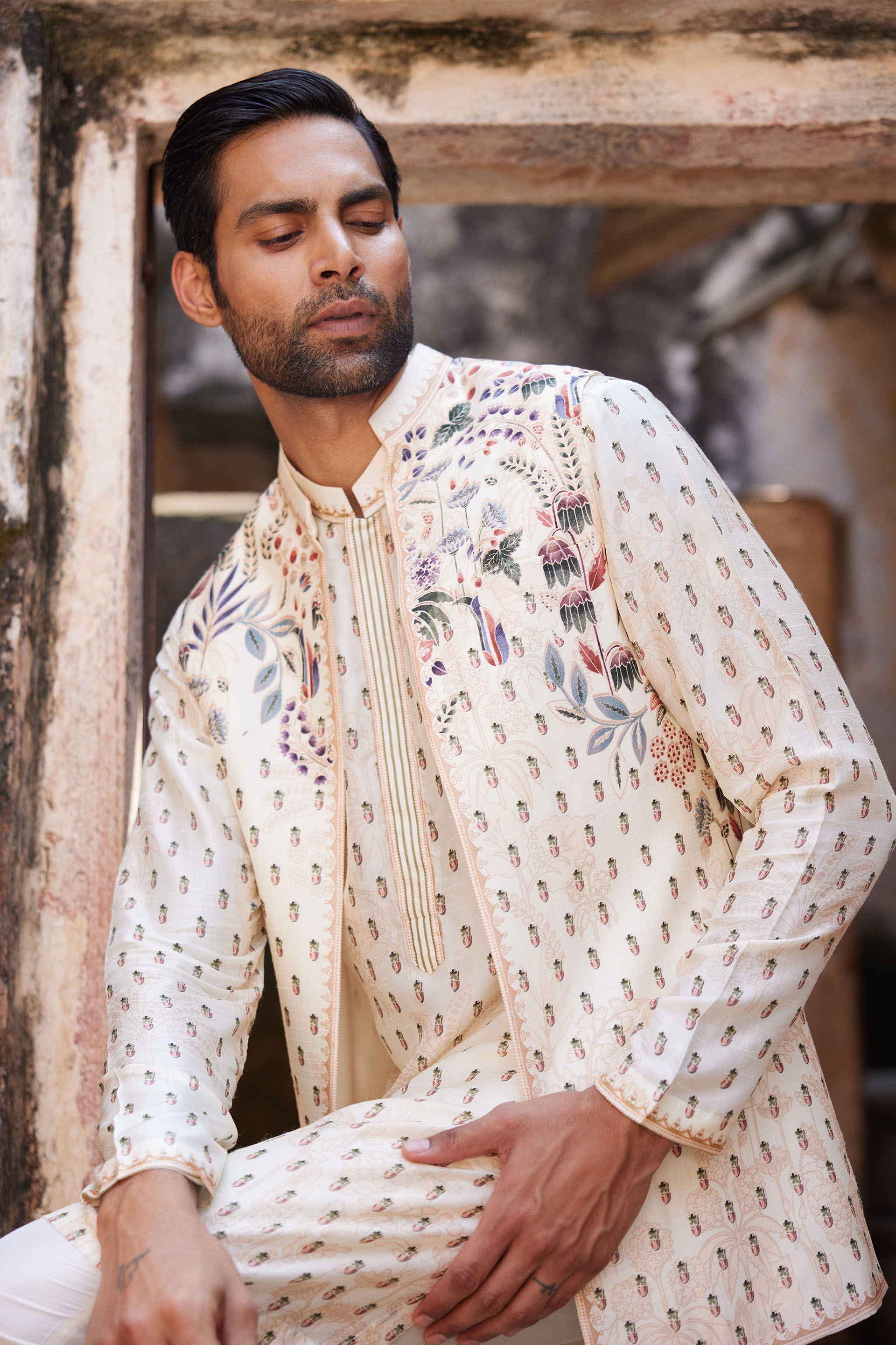 Kalhar Printed Silk Nehru Jacket - Ivory, Ivory, image 5