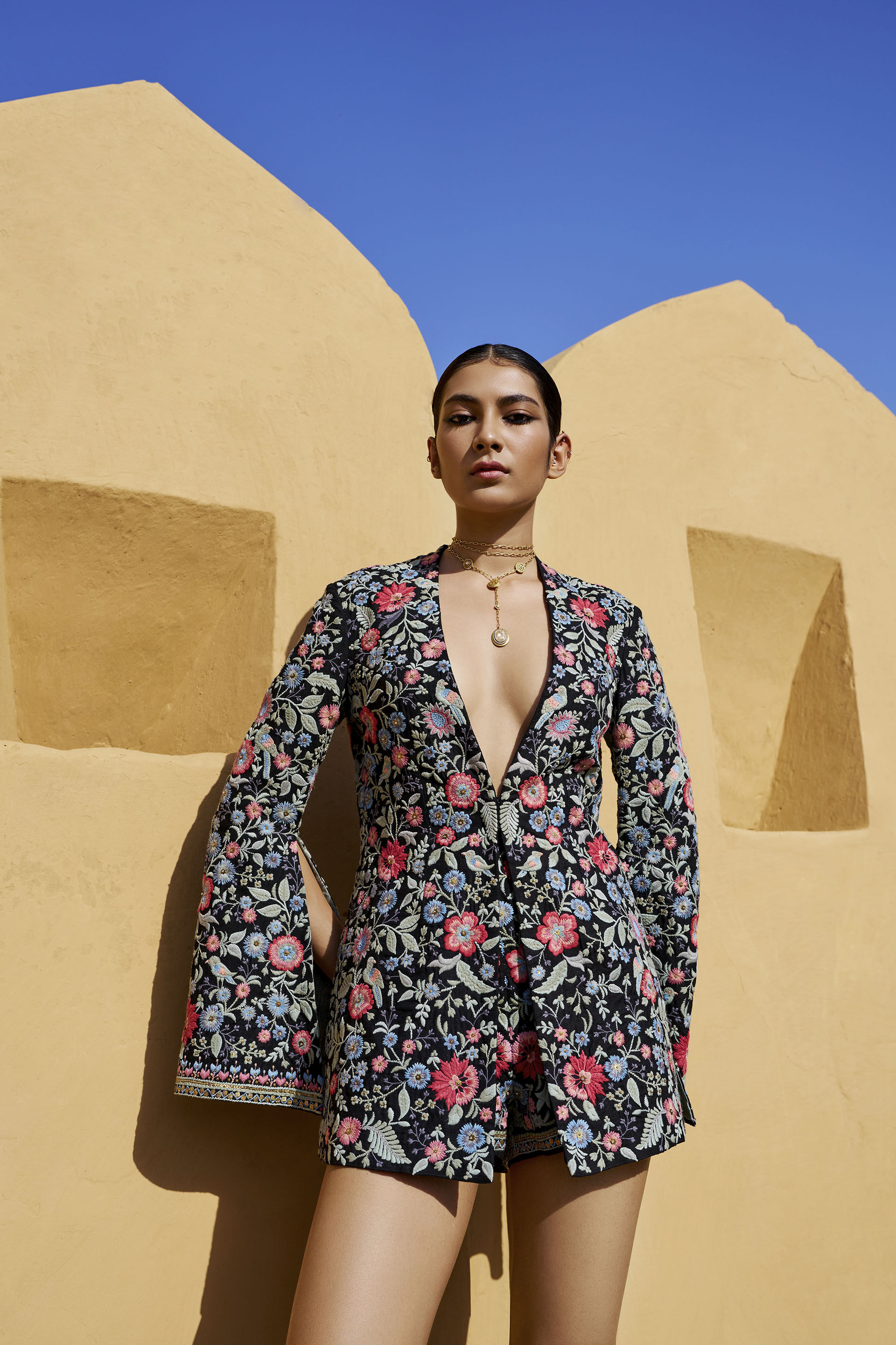 Floral Ballad Embroidered Silk Shorts Set - Black